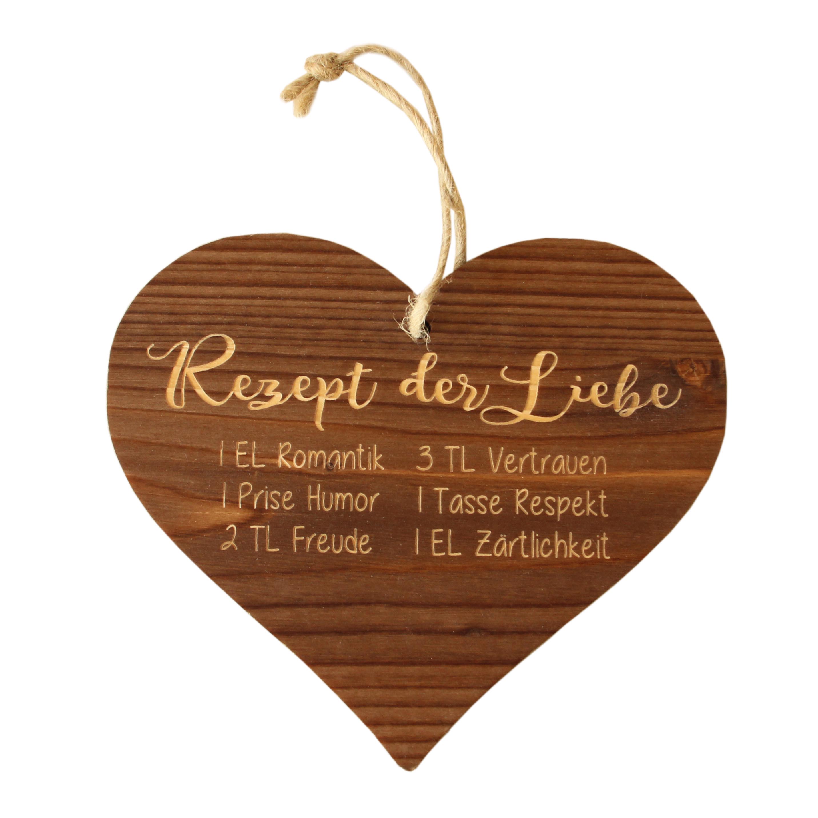 Holzgrusskarten - Herzanhänger "Rezept der Liebe" - Fichte Altholzoptik gebeizt