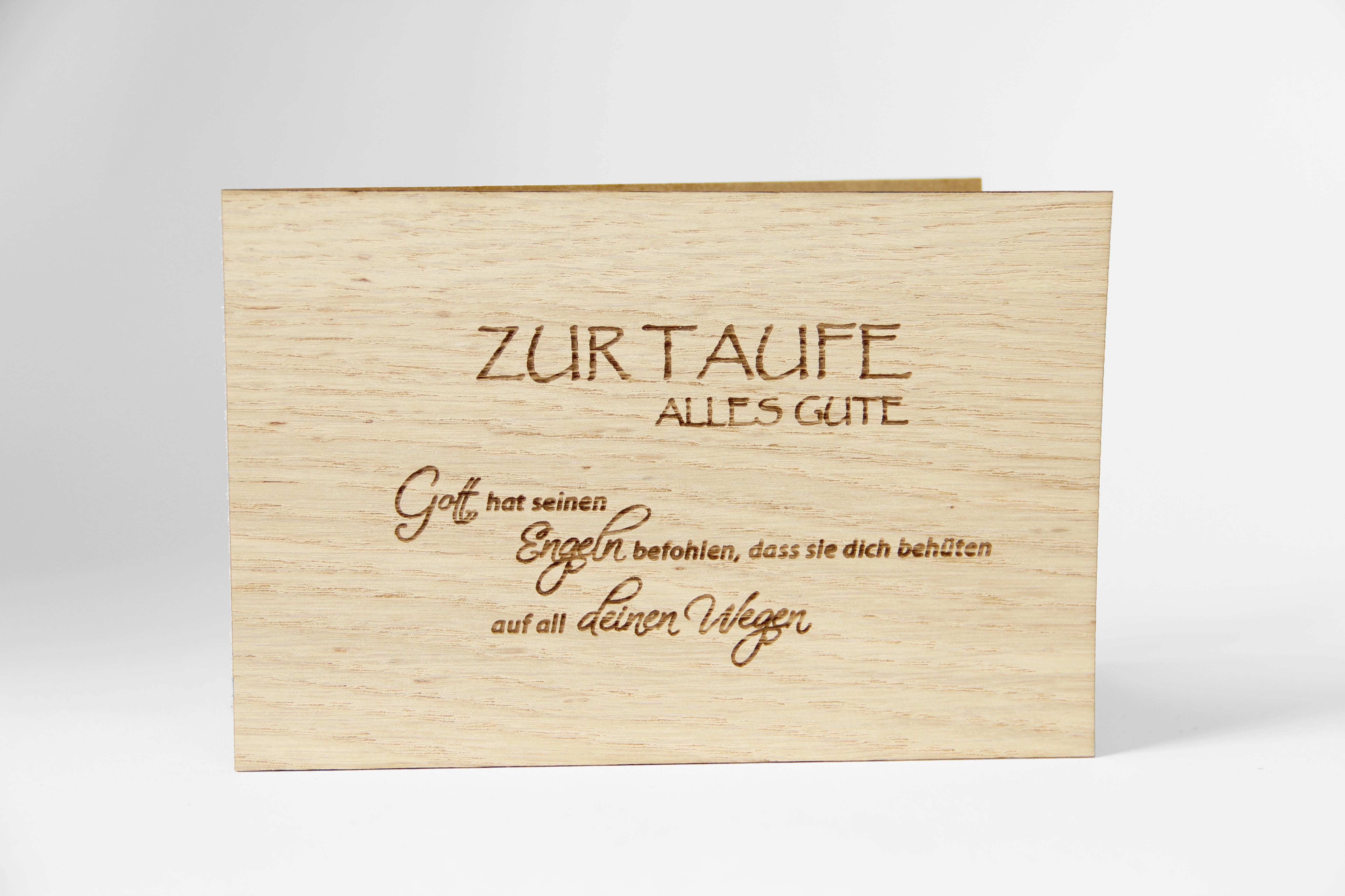 Holzgrusskarten - Geschenkkarte "Zur Taufe alles Gute" aus Eiche, Taufkarte