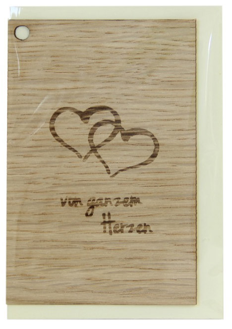 Holzgrusskarten - Geschenkanhänger aus Eiche "Von ganzem Herzen", zwei Herzen