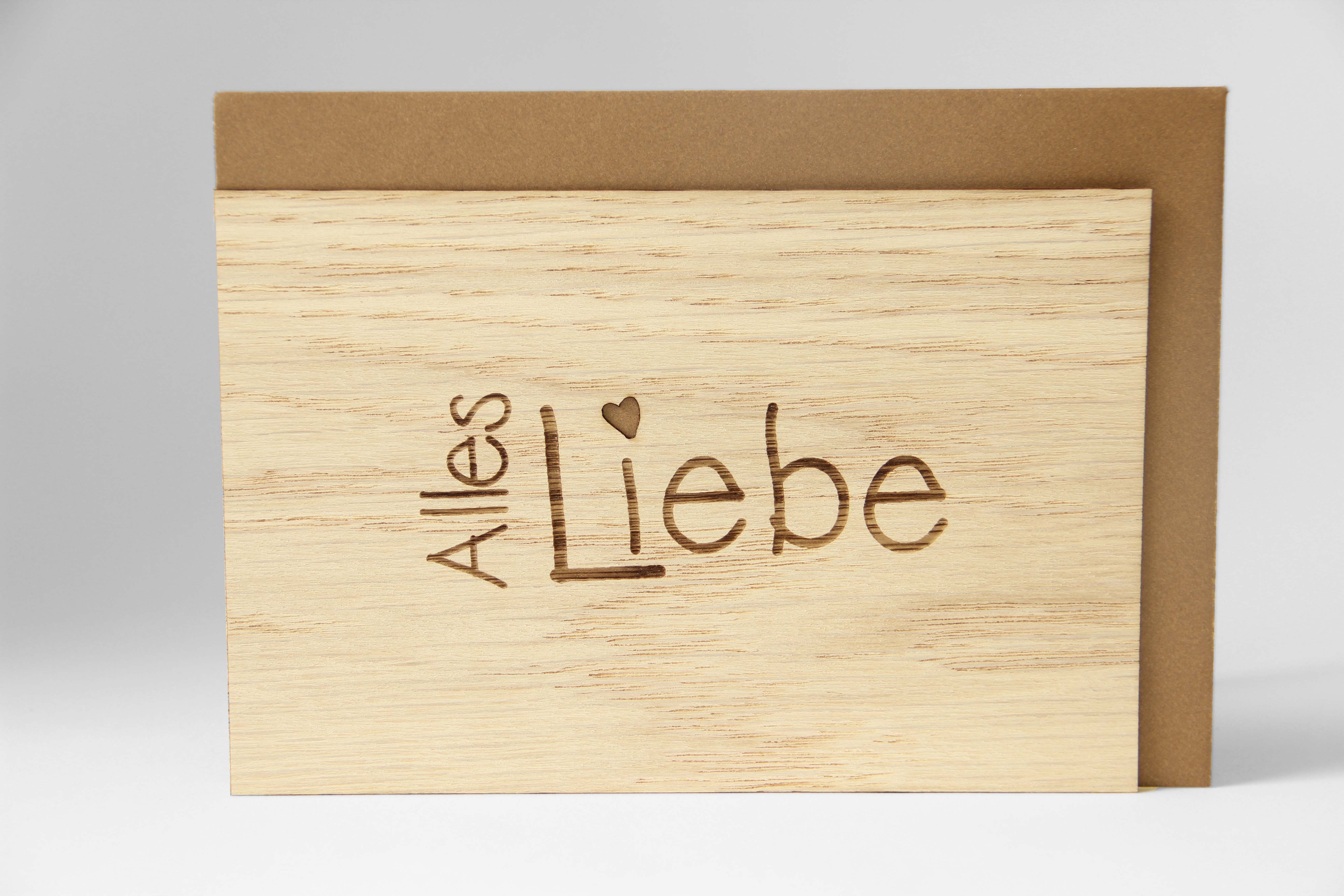 Holzgrusskarten - Geschenkkarte "Alles Liebe" aus Nuss, Dankeskarte, Herz