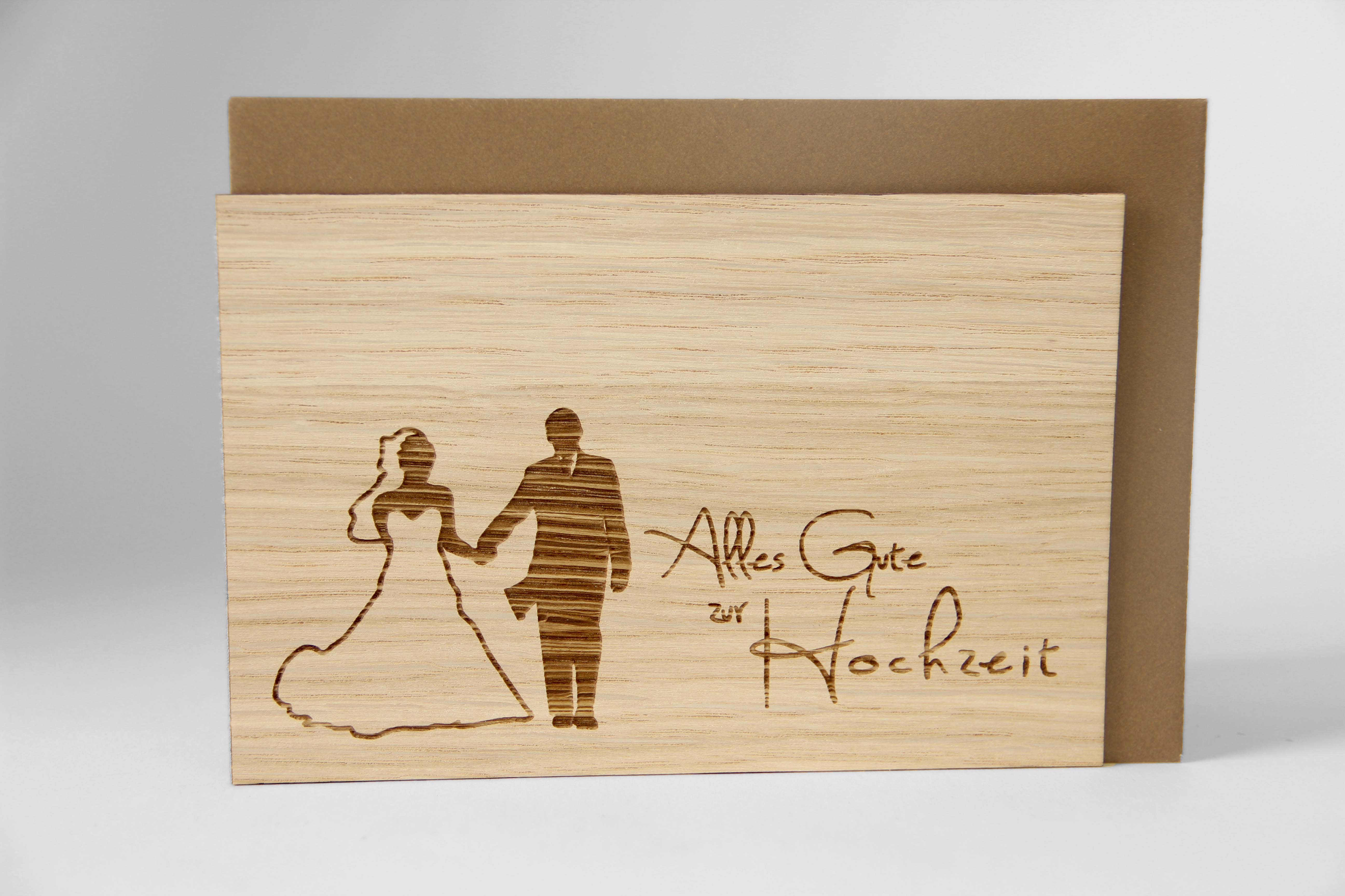 Holzgrusskarten - Hochzeitskarte "Alles Gute zur Hochzeit" aus Eiche, Brautpaar, Braut in Weiß