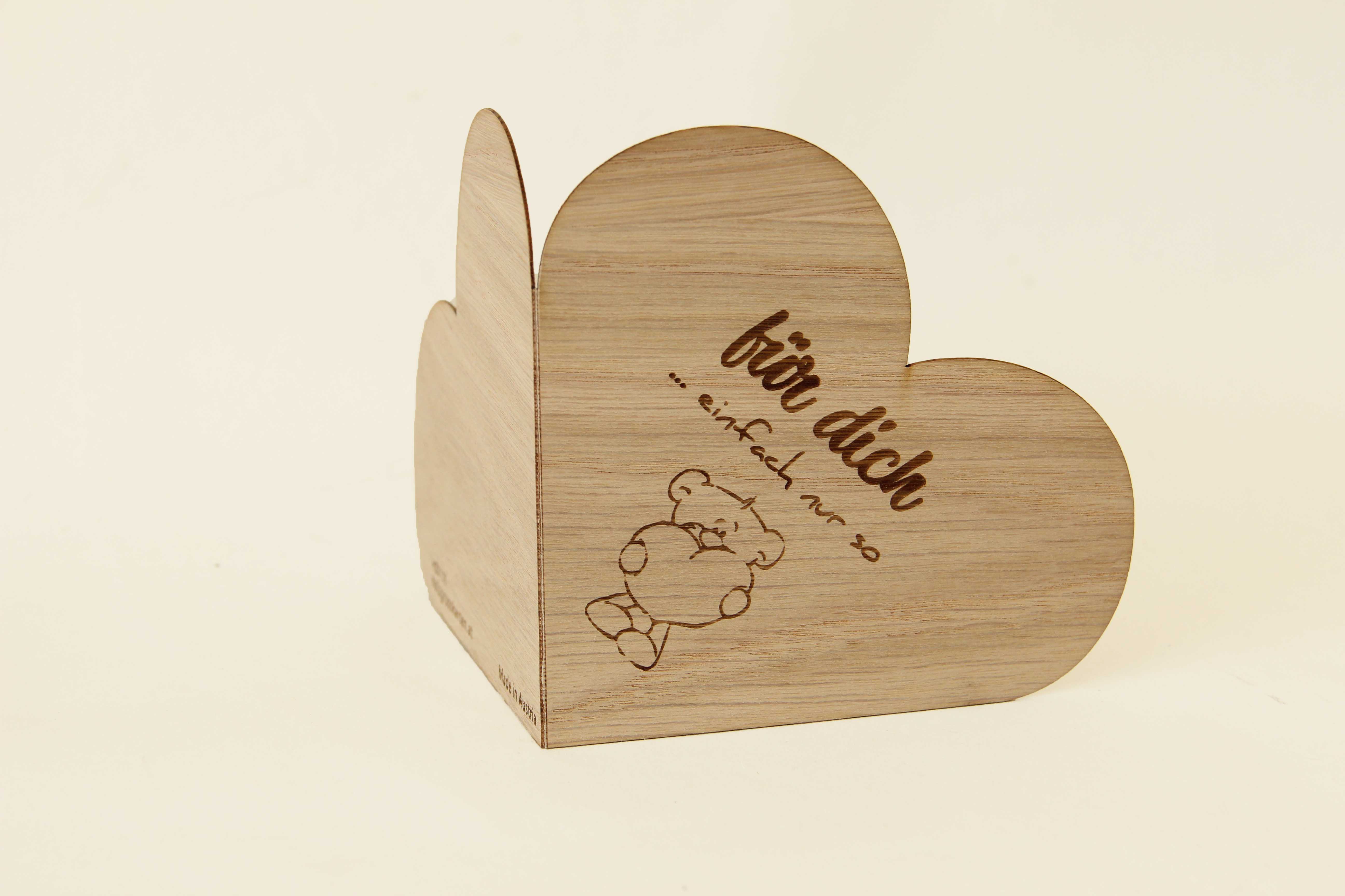 Holzgrusskarten - Herzkarte "Für dich ... einfach nur so" aus Eiche, Teddybär, Herz, Dankeskarte, Geschenkkarte