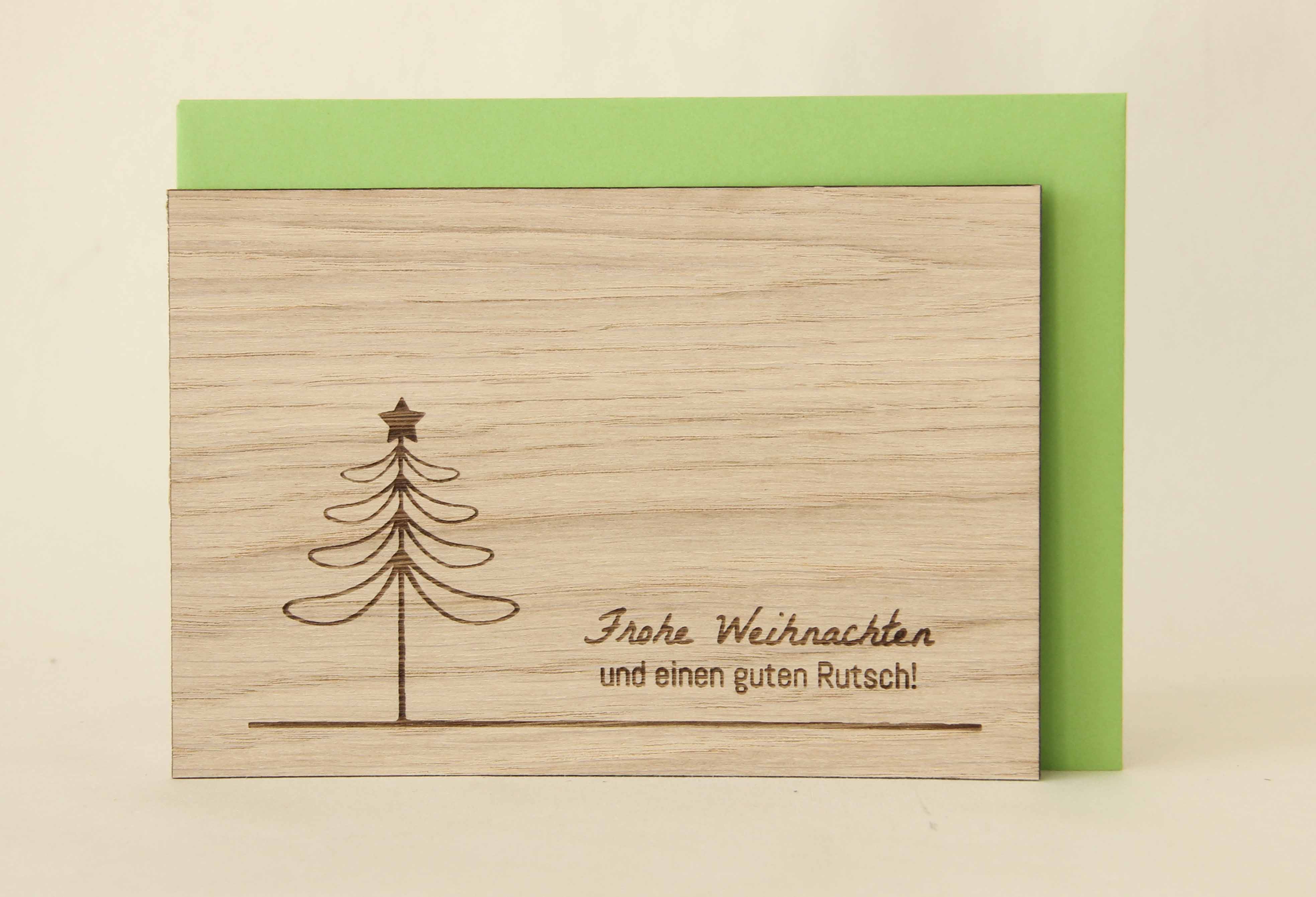 Holzgrusskarten - Weihnachtskarte "Frohe Weihnachten und einen guten Rutsch" aus Eiche, Weihnachtsbaum