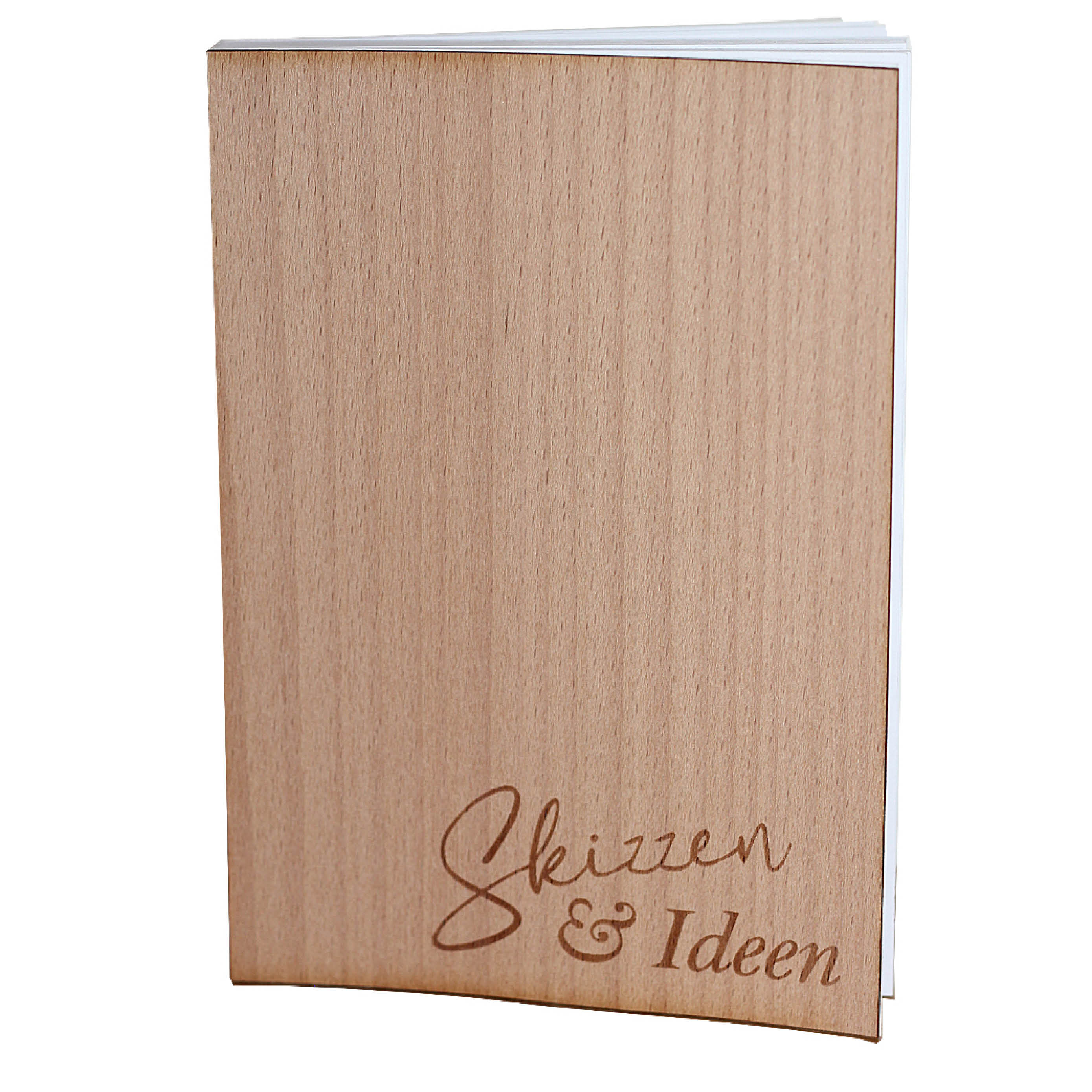 Notizbuch A6 mit Holzcover - Motiv "Skizzen & Ideen" - der Ort für Skizzen, Ideen, Rezepte, Erinnerungen, Wünsche, Ziele, Termine ...