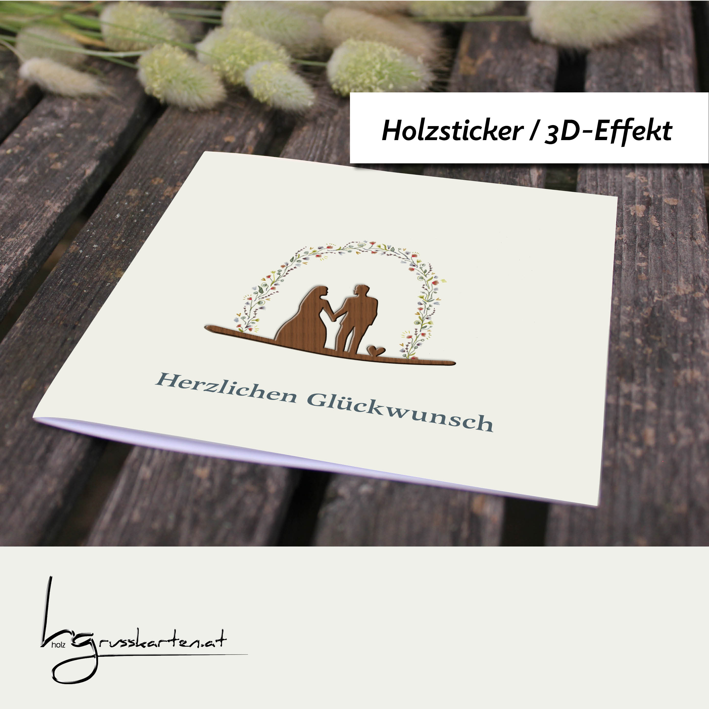 Holzgrusskarten - Hochzeitskarte "Herzlichen Glückwunsch" aus Recyclingkarton mit aufgeklebtem "Brautpaar" aus Nussholz