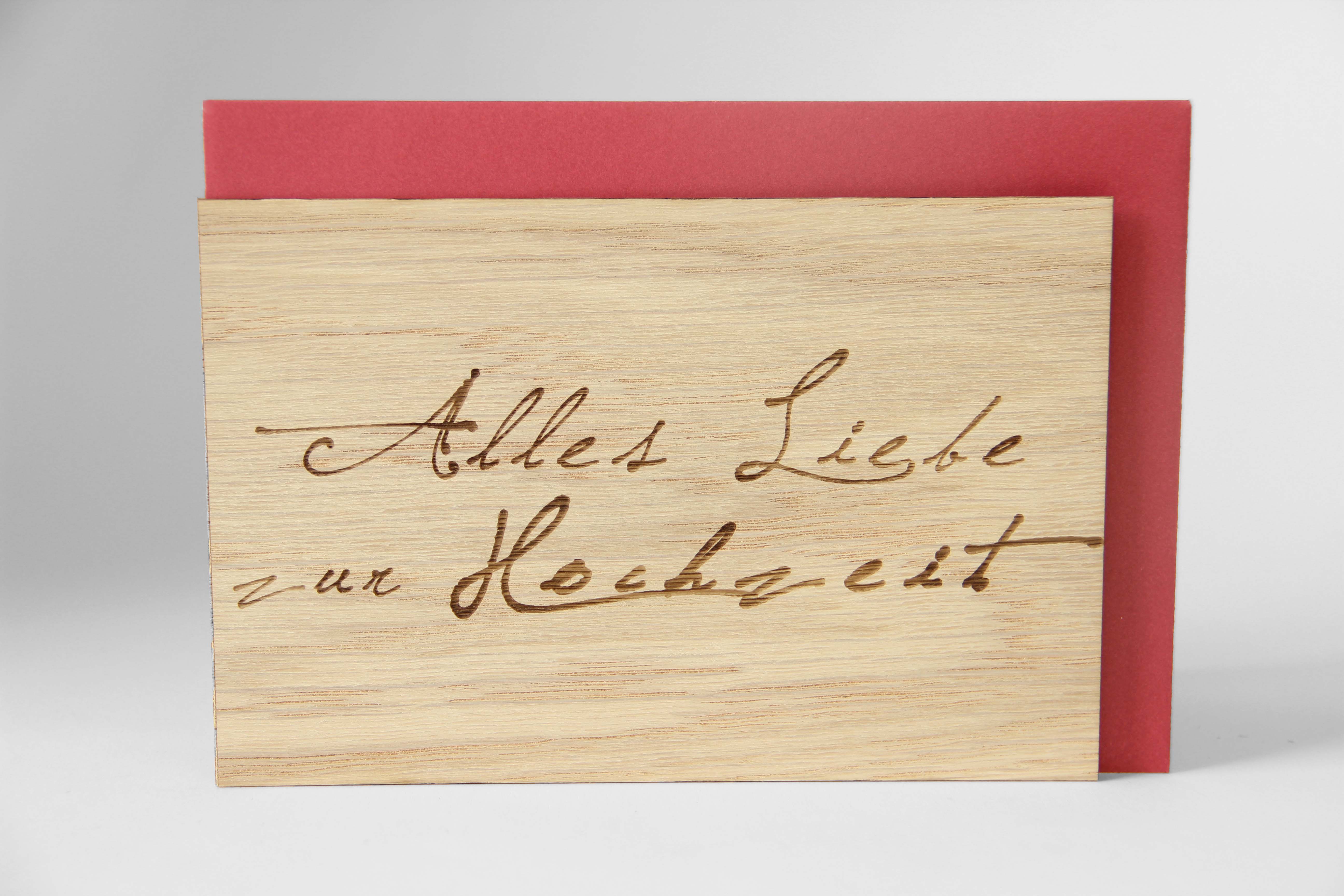 Holzgrusskarten - Hochzeitskarte "Alles Liebe zur Hochzeit" aus  Eiche