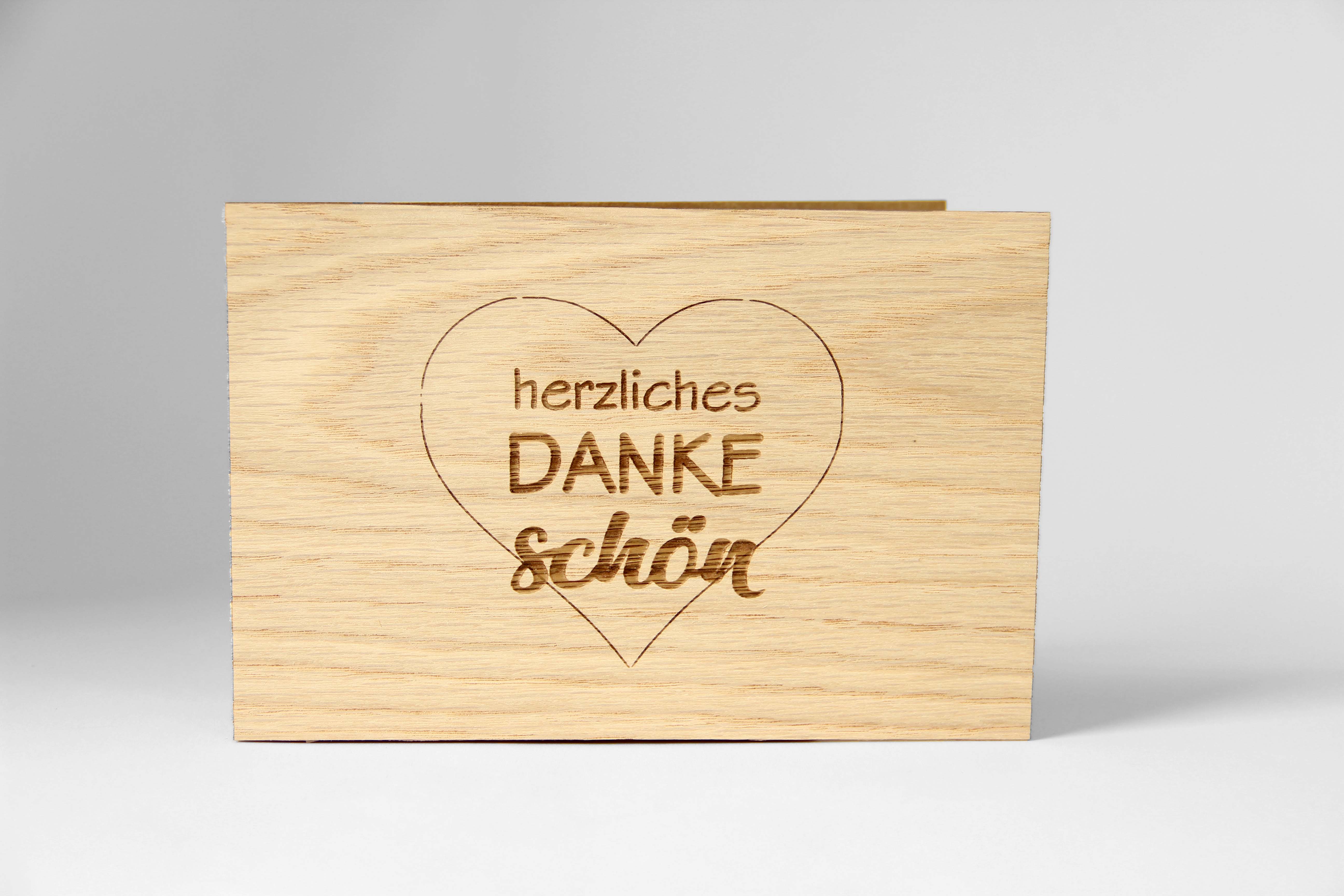 Holzgrusskarten - Dankeskarte "Danke" aus Eiche, Schmetterling