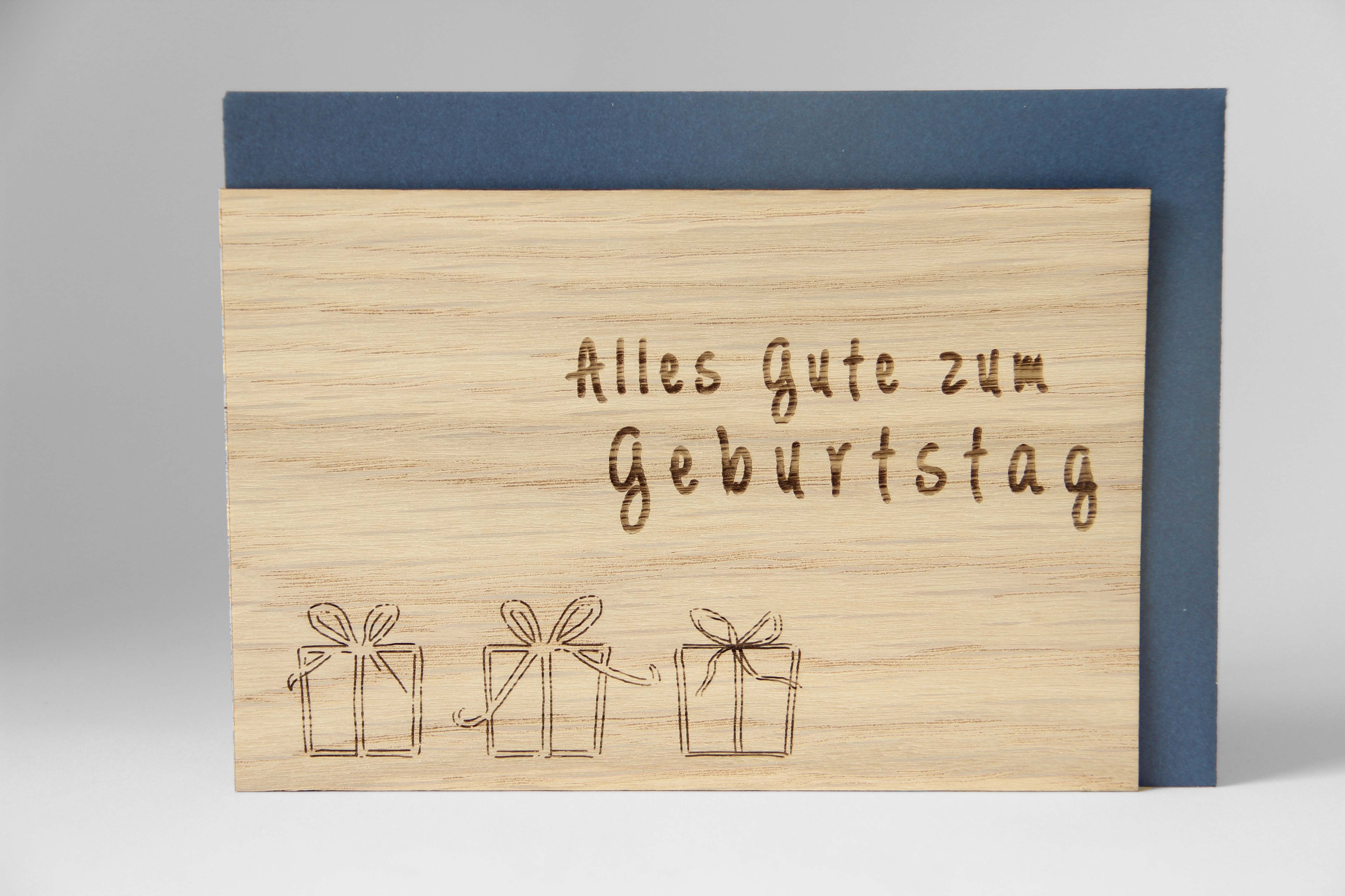 Holzgrusskarten - Geburtstagskarte "Alles Gute zum Geburtstag" aus Eiche, Geschenkpakete