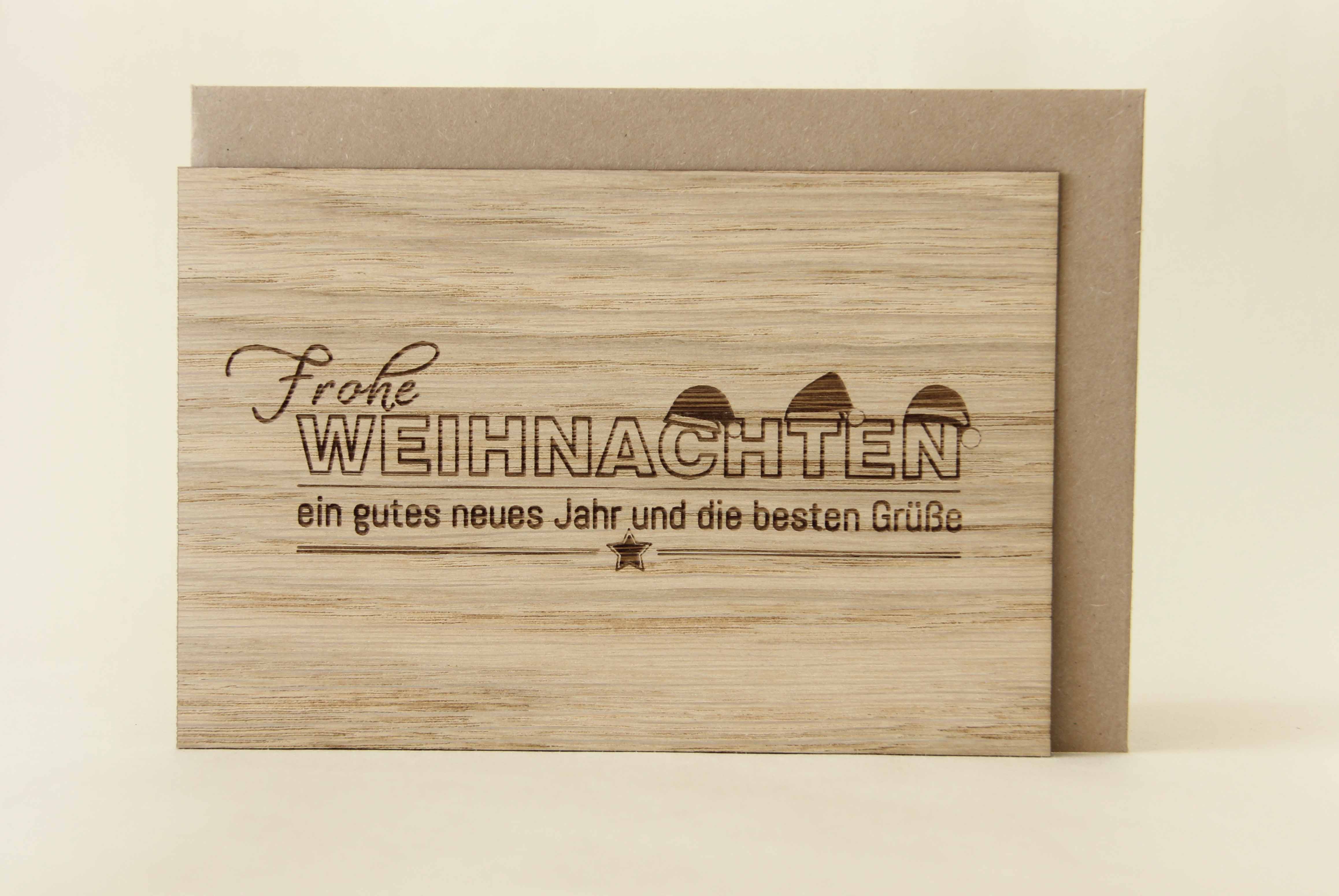 Holzgrusskarten - Weihnachtskarte "Frohe Weihnachten, ein gutes neues Jahr und die besten Grüße" aus Eiche