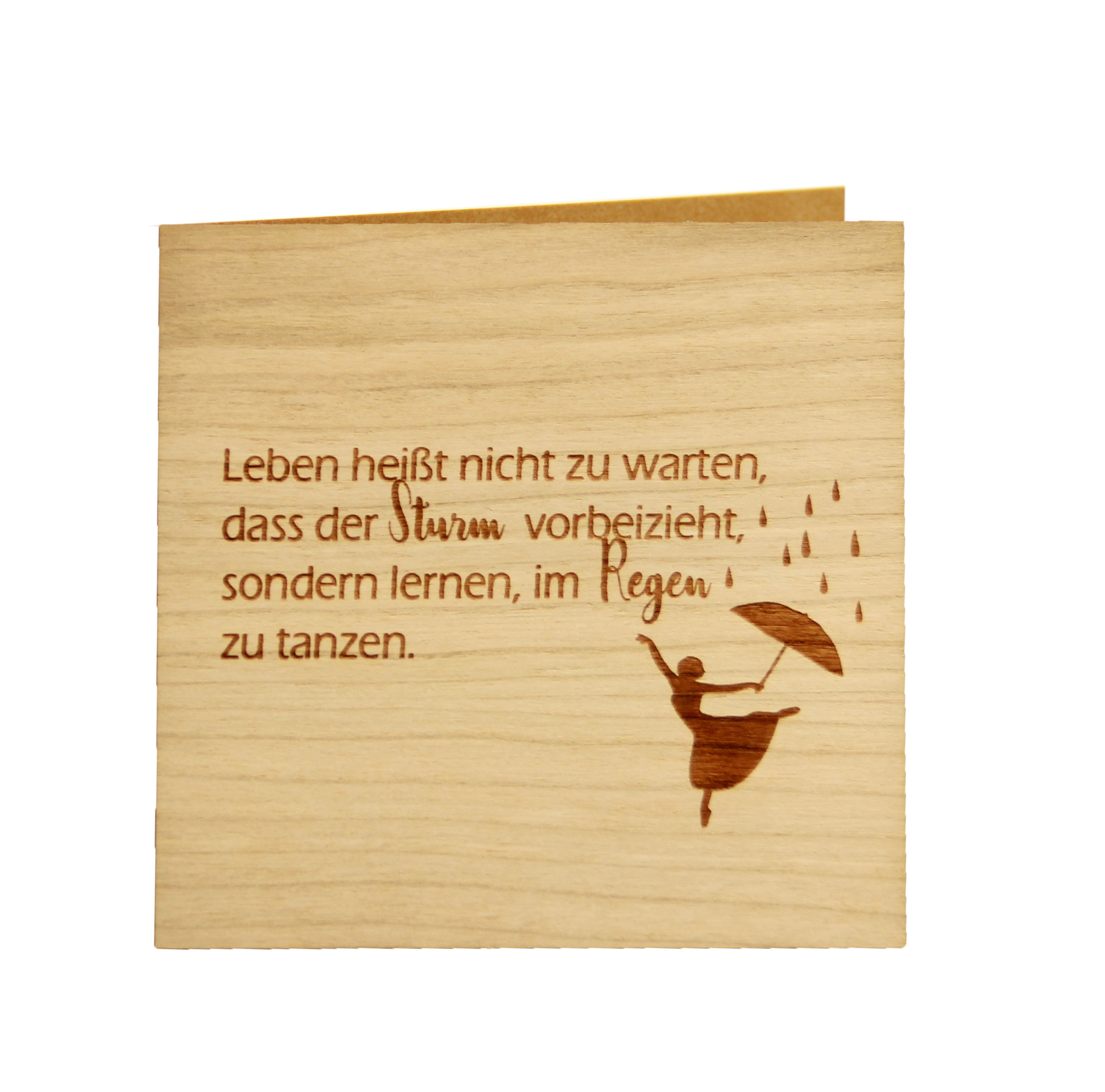 Holzgrusskarten - Holzgrusskarte Spruch "im Regen tanzen", Kirsche