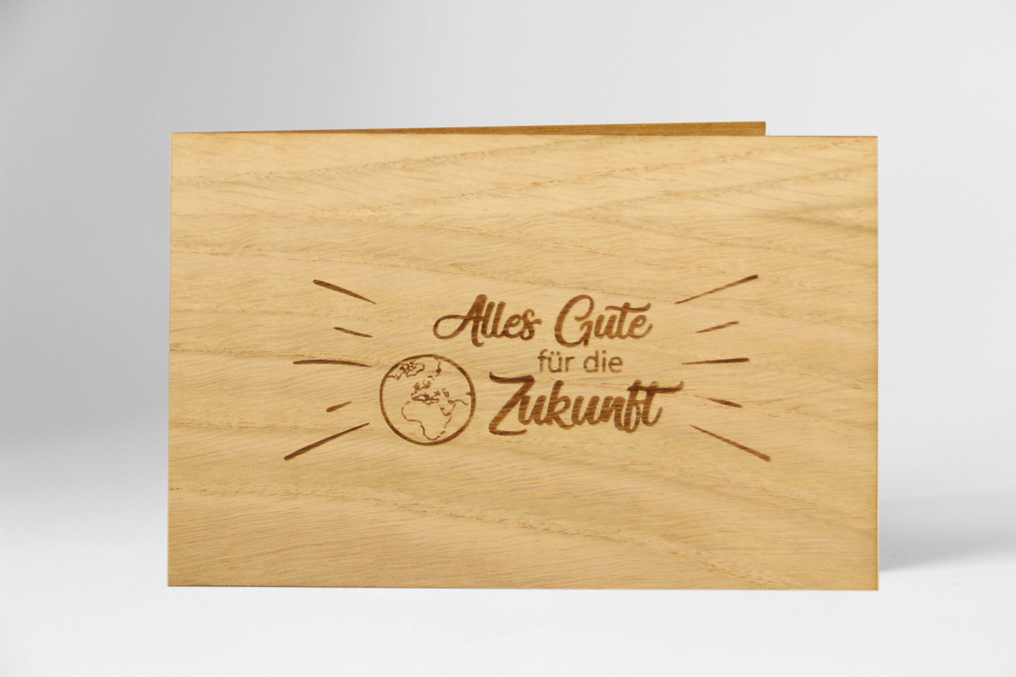 Holzgrusskarten - Geschenkkarte "Alles Gute für die Zukunft" aus Eiche, Dankeskarte