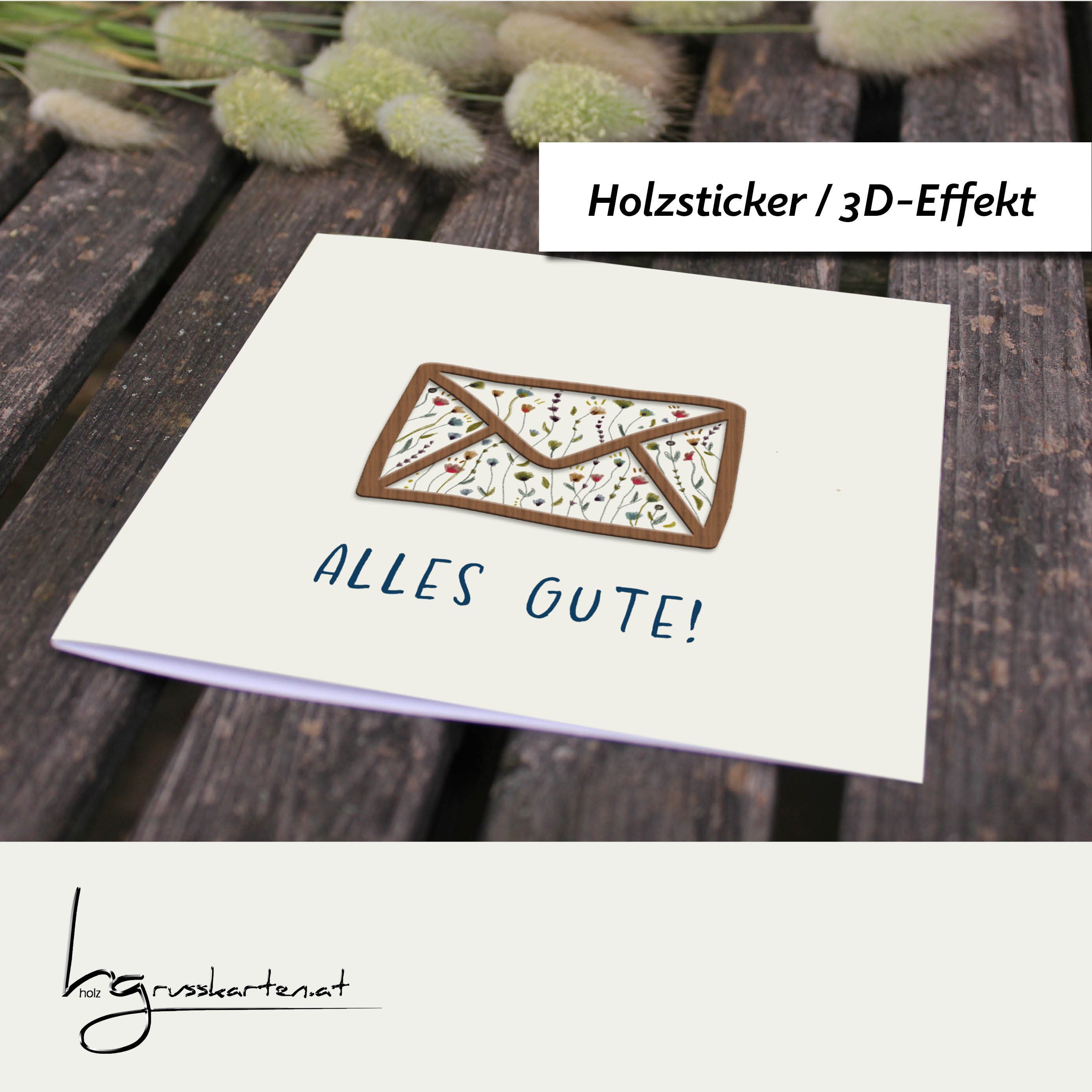 Holzgrusskarten - Glückwunschkarte "Blumenwiese" aus Recyclingkarton mit aufgeklebtem "Briefkuvert" aus Nussholz