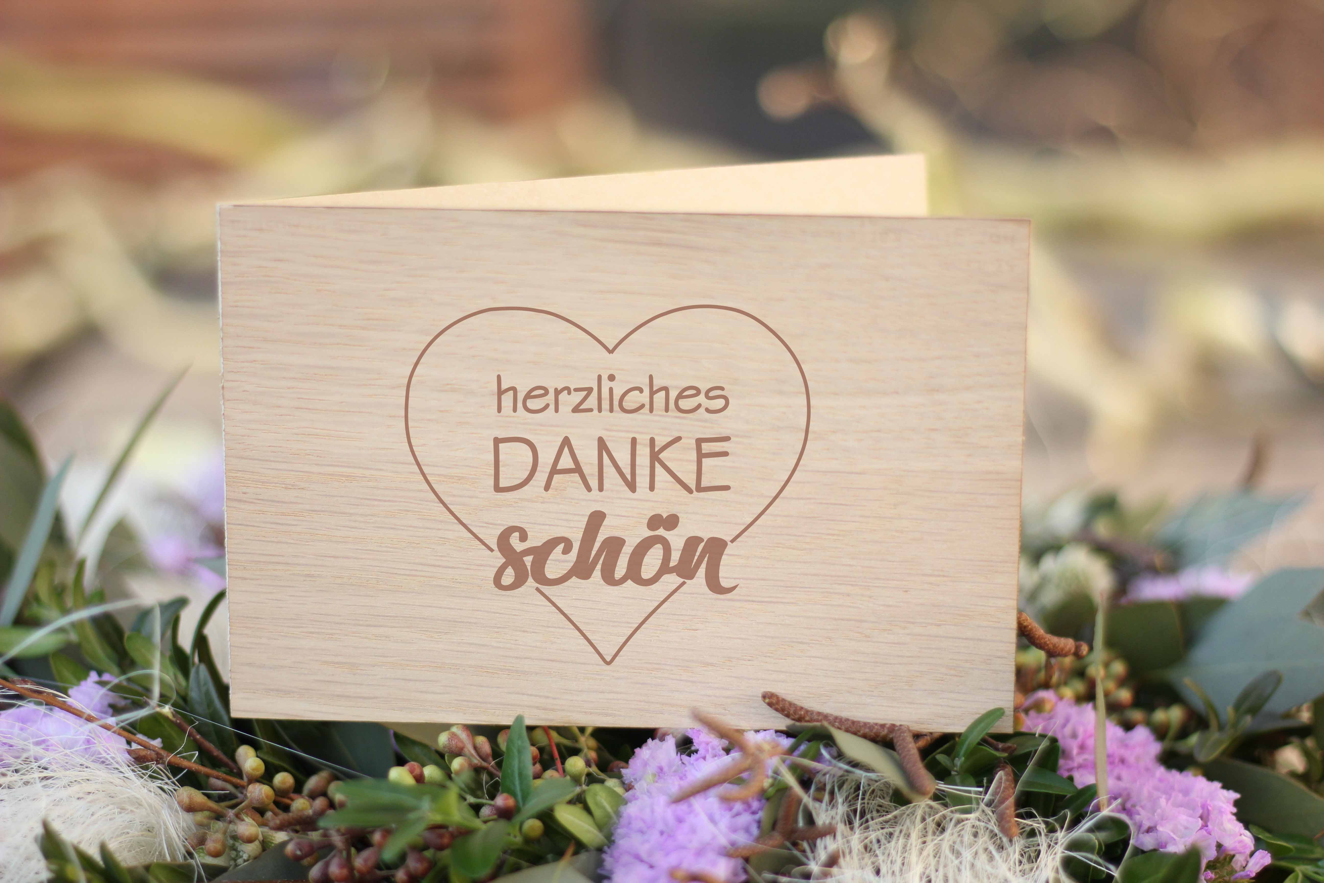 Holzgrusskarten - Dankeskarte aus Eichenholz - herzliches DANKEschön