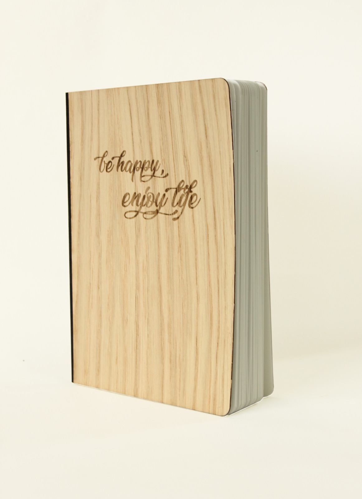 Holzgrusskarten - Notizbuch "be happy, enjoy life" - Eiche