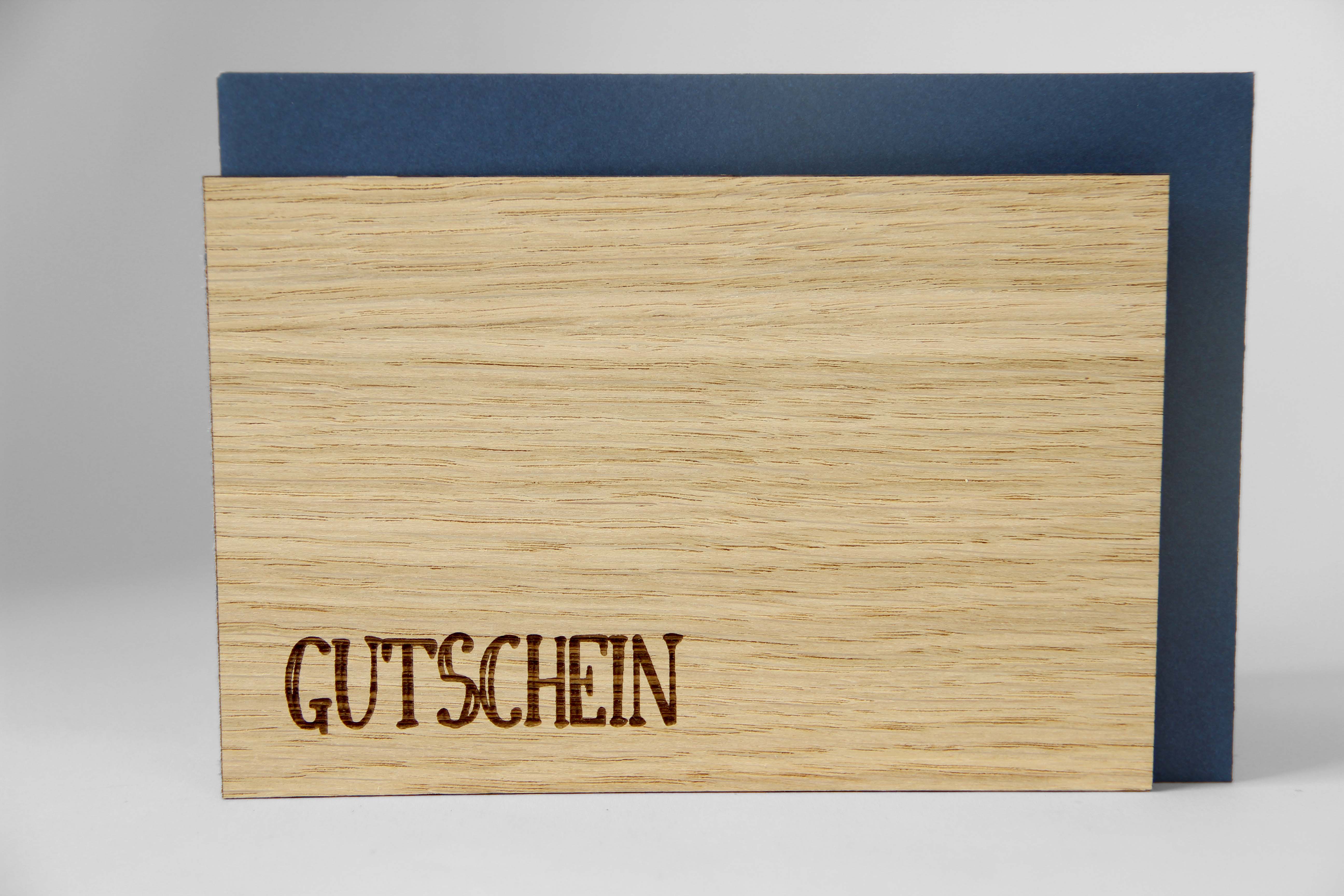 Holzgrusskarten - Geschenkkarte "Gutschein" aus Eiche,