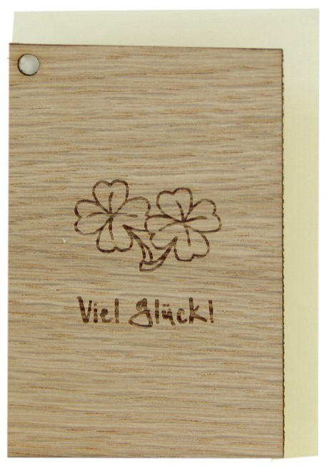 Holzgrusskarten - Geschenkanhänger aus Eiche "Viel Glück", vierblättriges Kleeblatt