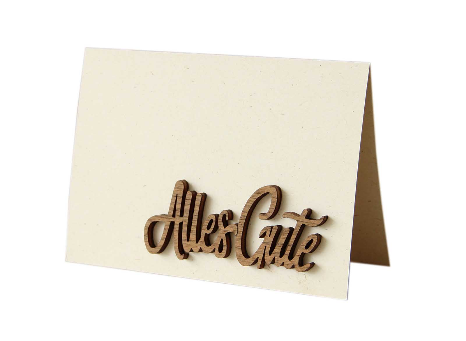 Holzgrusskarten - Papierkarte mit Schriftzug "Alles Gute" aus Nuss, Geschenkkarte, Glückwunschkarte, Geburtstagskarte