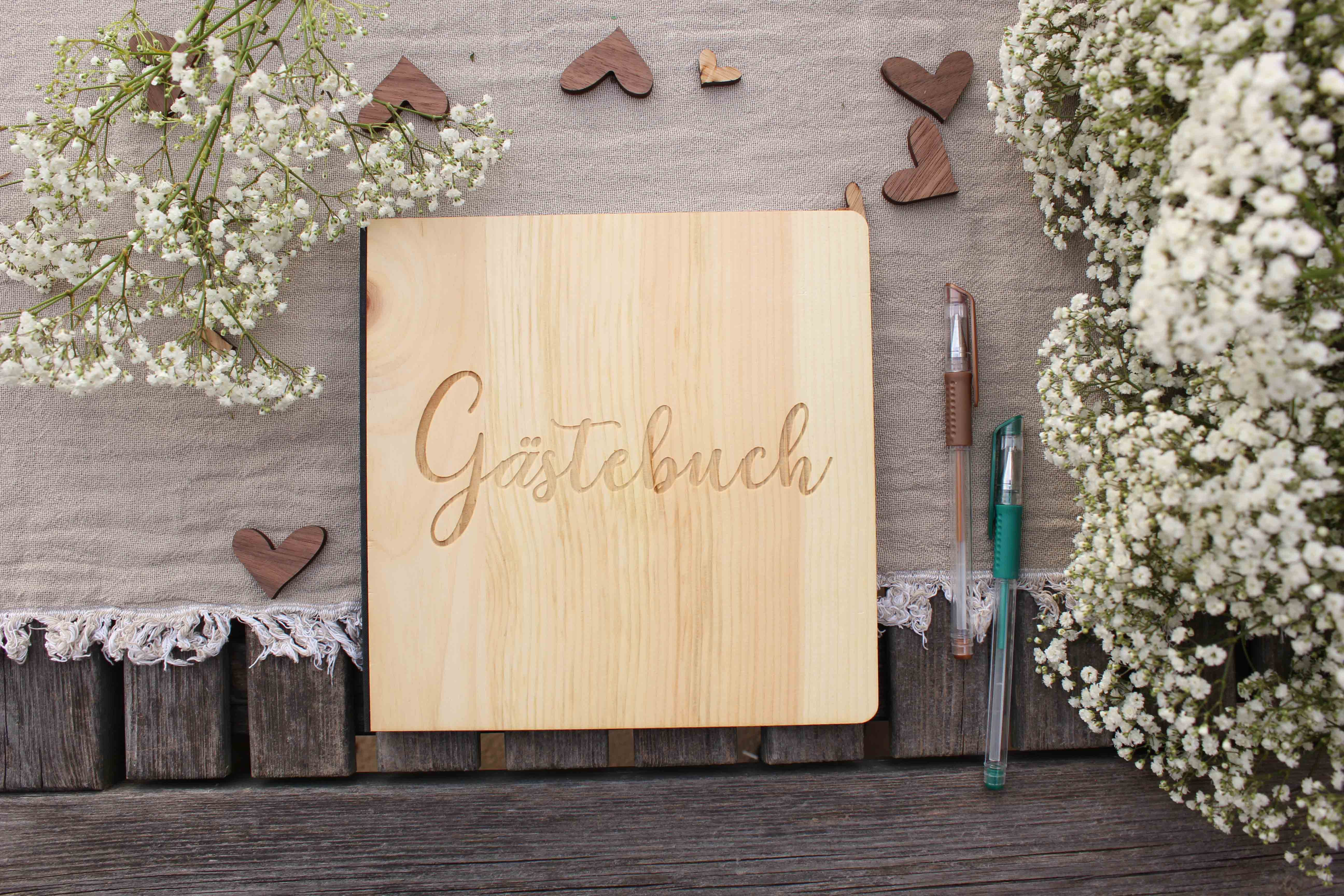 Holzgrusskarten - Gästebuch mit Zirbencover "Gästebuch", Geschenk, Hochzeit, Party, Feier