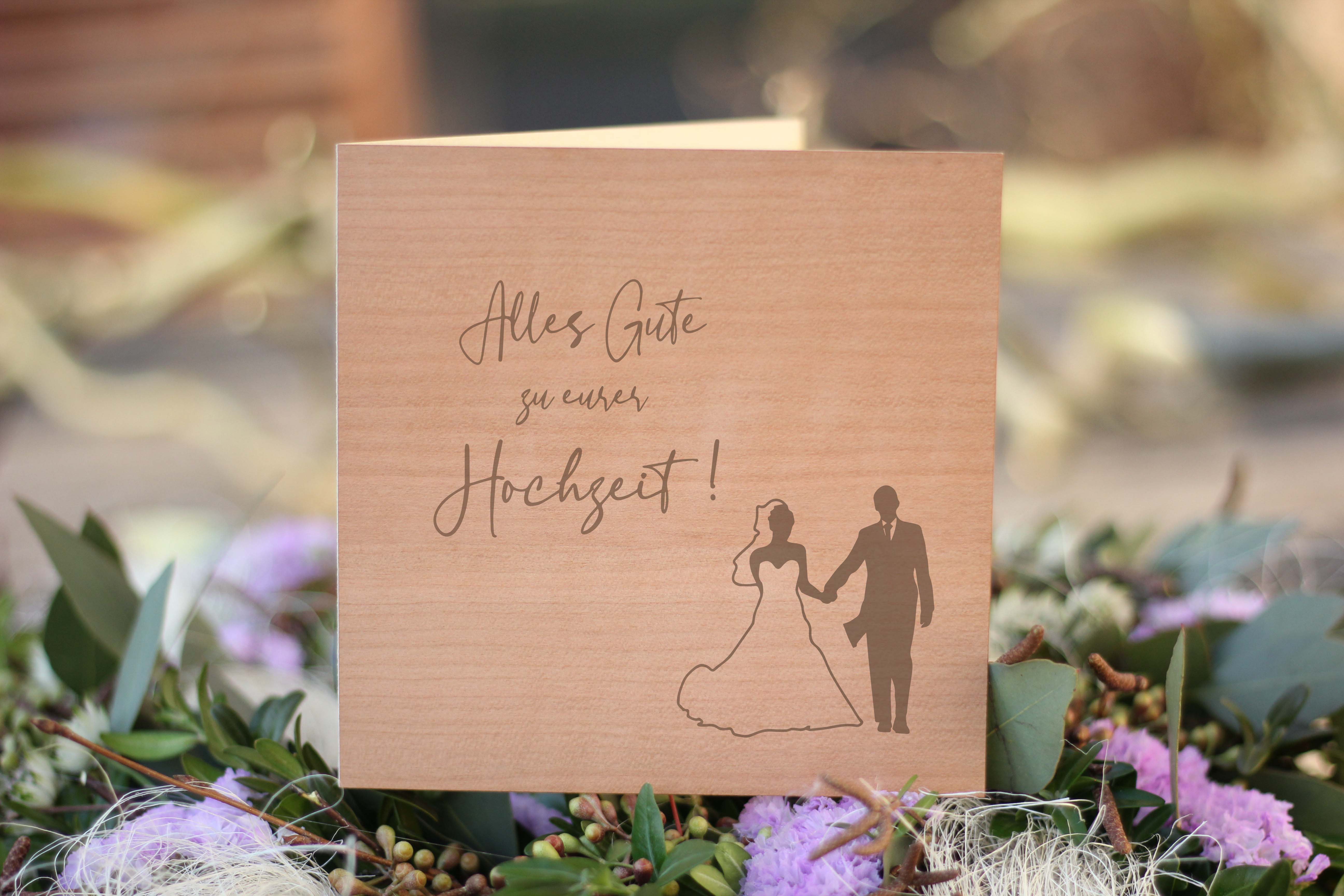 Holzgrusskarten - Holzgrusskarte Hochzeit "Alles Gute zu eurer Hochzeit!", Brautpaar, Kirsche