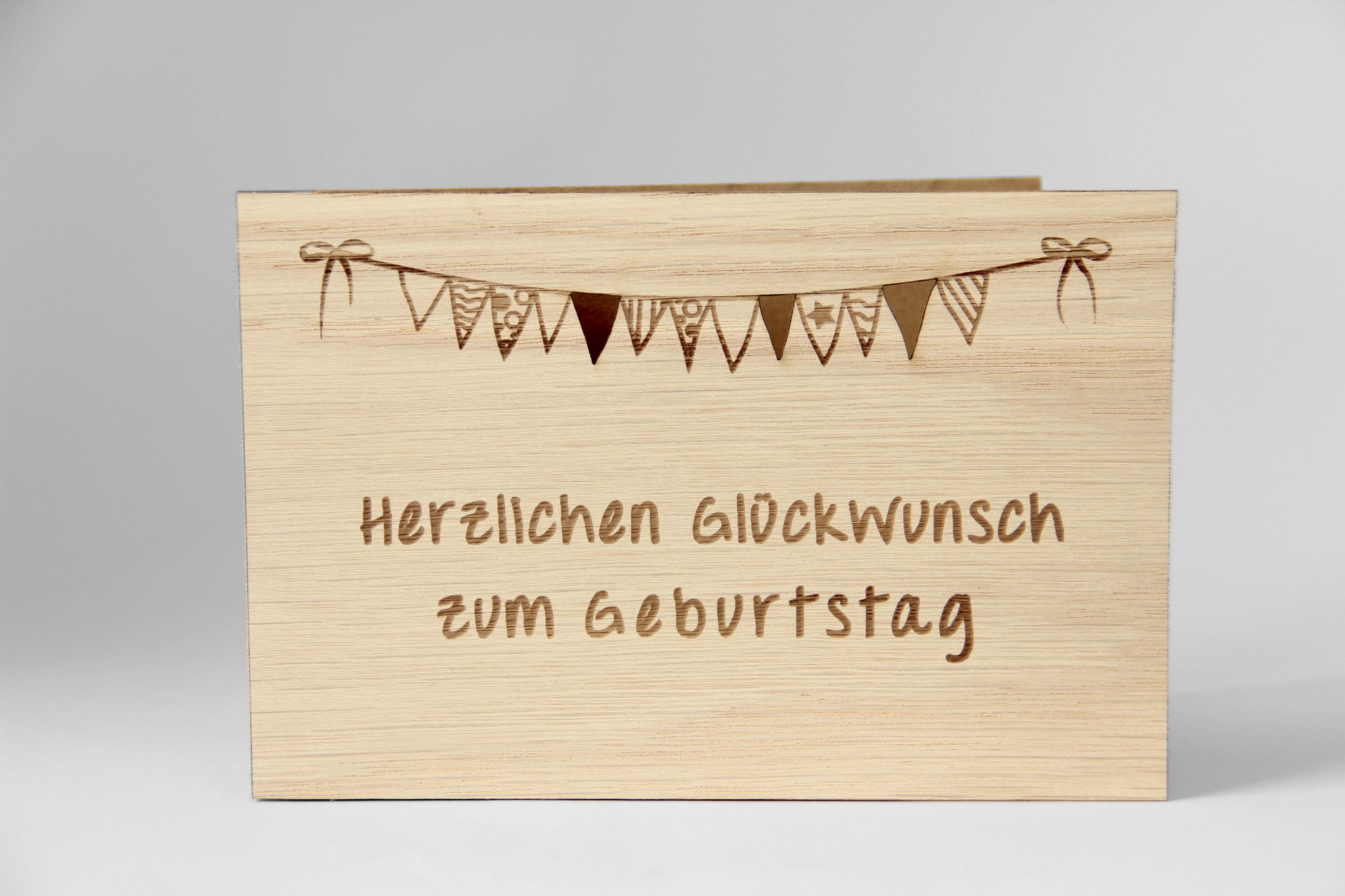 Holzgrusskarten - Geburtstagskarte "Herzlichen Glückwunsch zum Geburtstag" aus Eiche, Partydeko