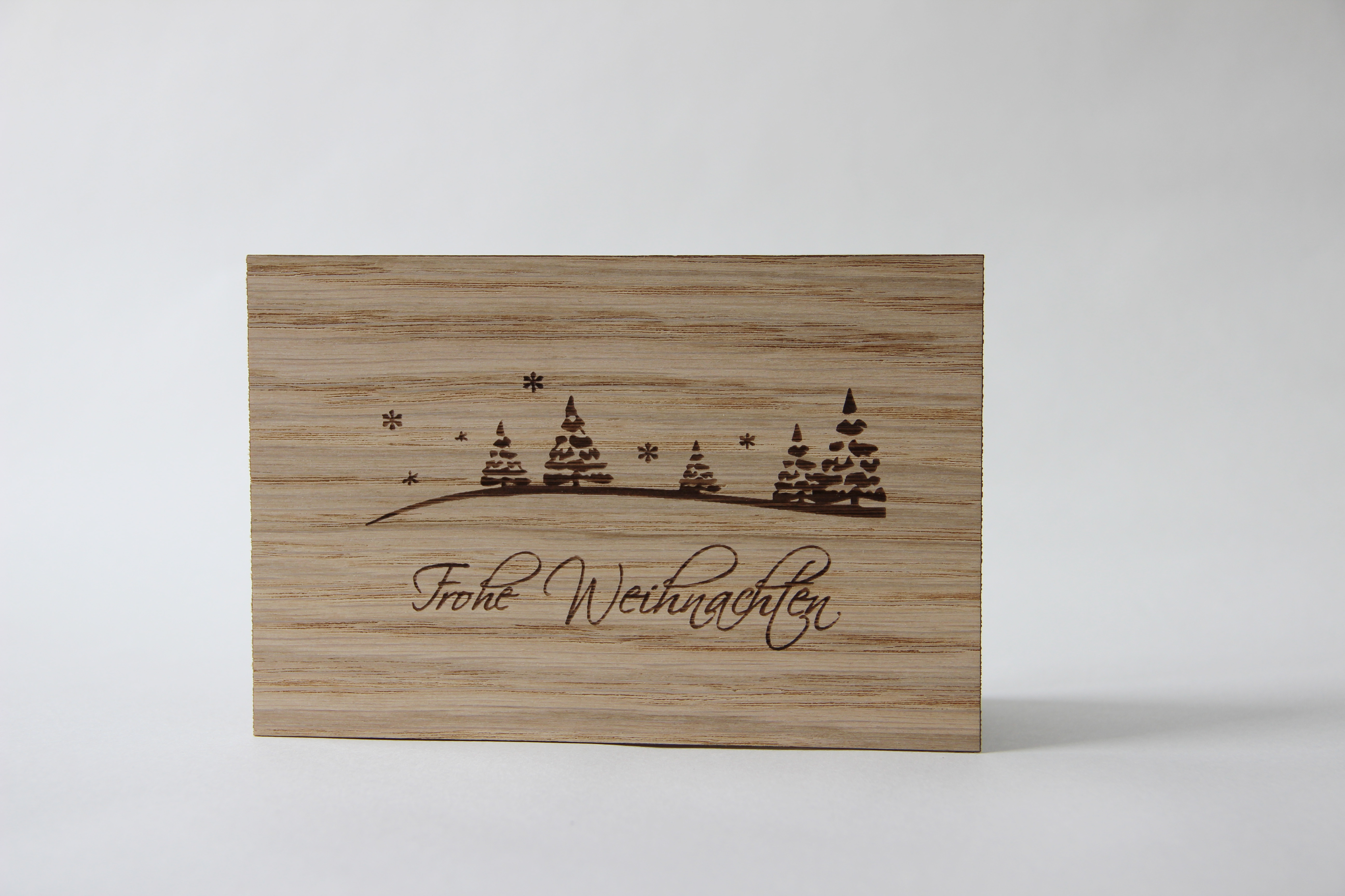 Holzgrusskarten - Weihnachtskarte "Frohe Weihnachten" aus Eiche, Nadelbäume, Tannen