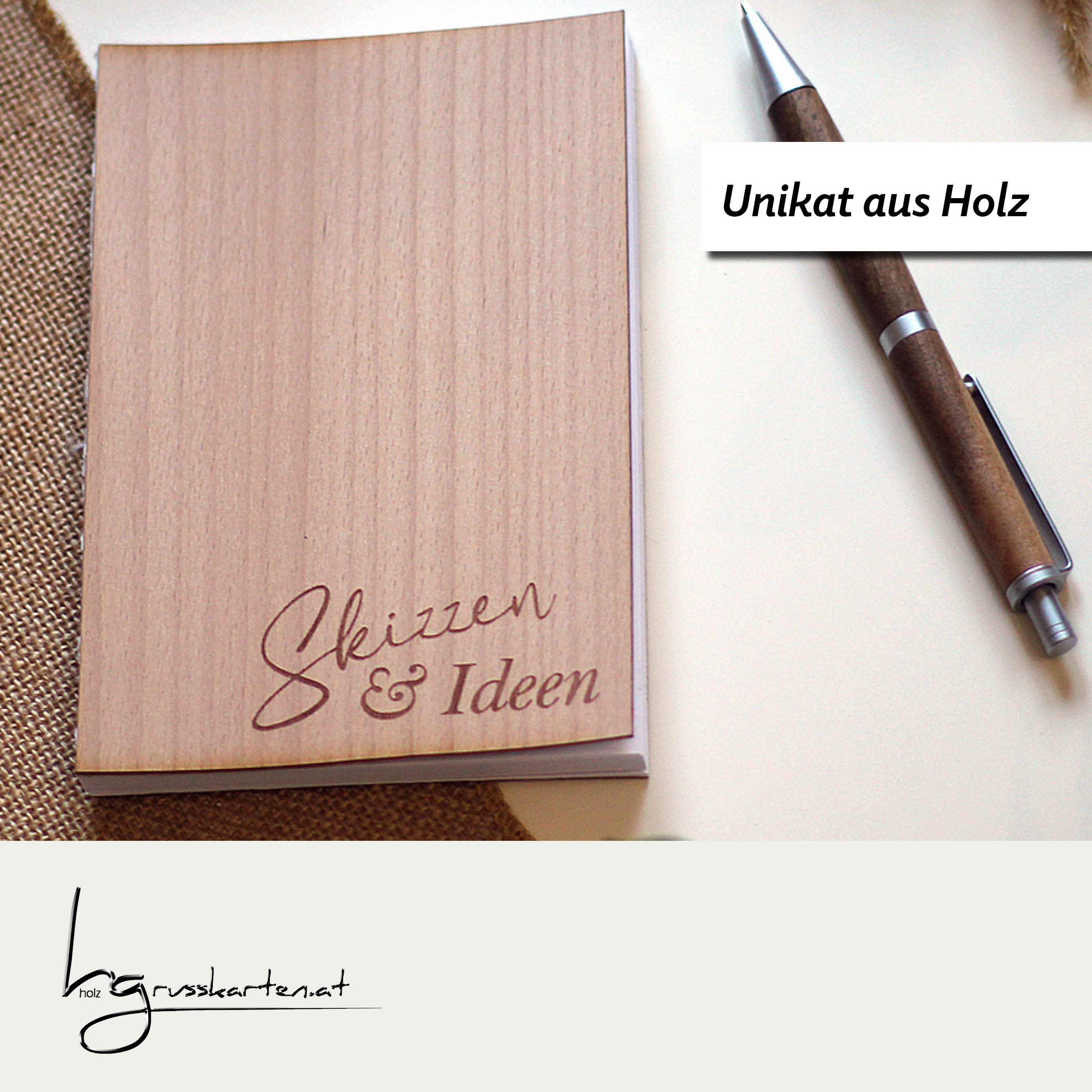 Notizbuch A6 mit Holzcover - Motiv "Skizzen & Ideen" - der Ort für Skizzen, Ideen, Rezepte, Erinnerungen, Wünsche, Ziele, Termine ...