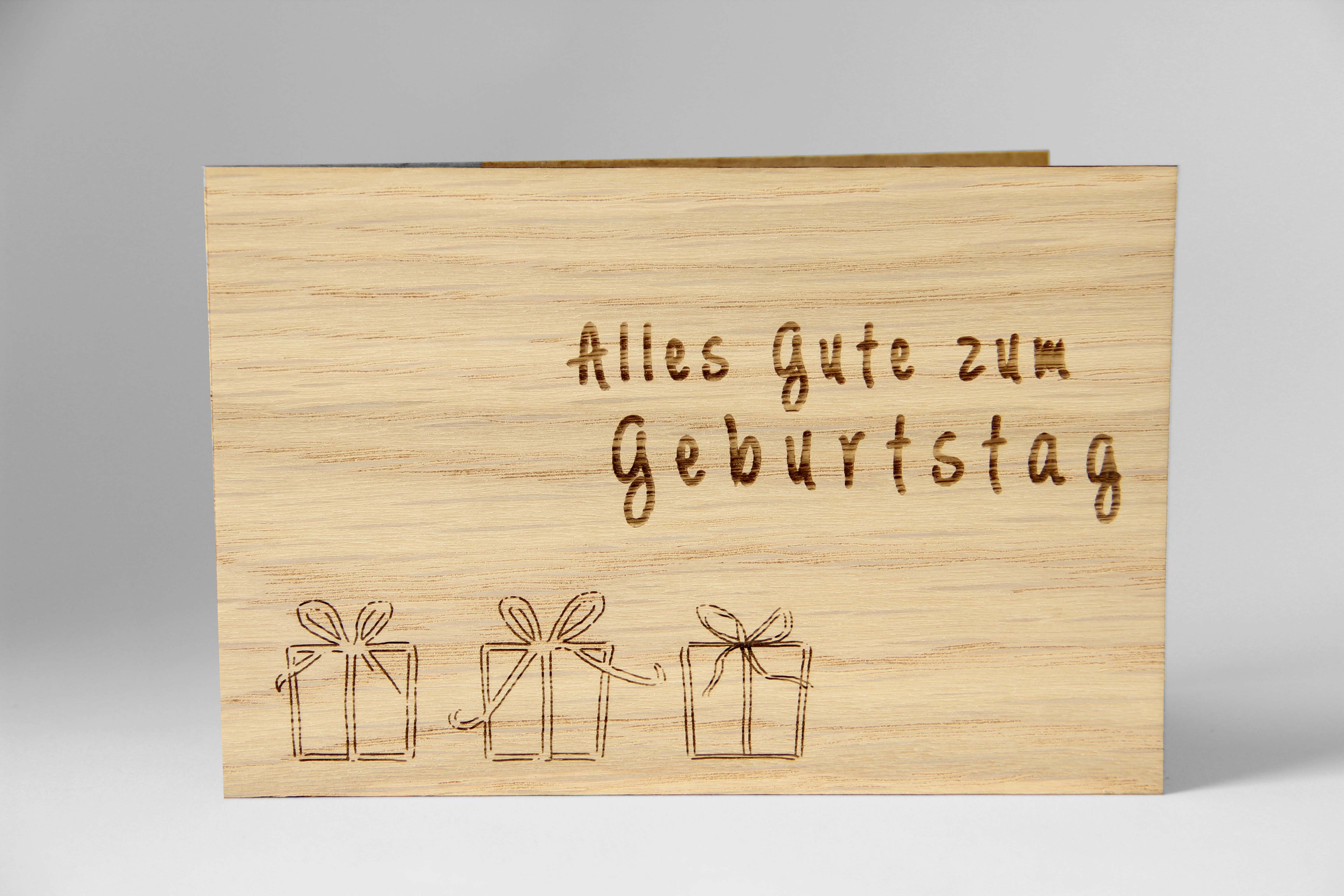 Holzgrusskarten - Geburtstagskarte "Alles Gute zum Geburtstag" aus Eiche, Geschenkpakete