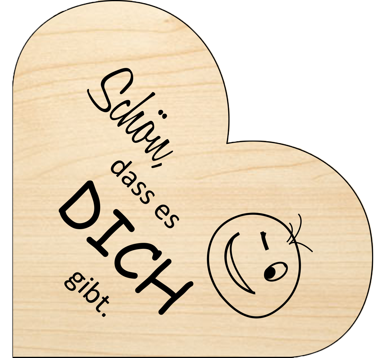 Holzgrusskarten - Herzkarte "Schön dass es dich gibt" aus Eiche, Zwinkersmiley, Dankeskarte, Geschenkkarte