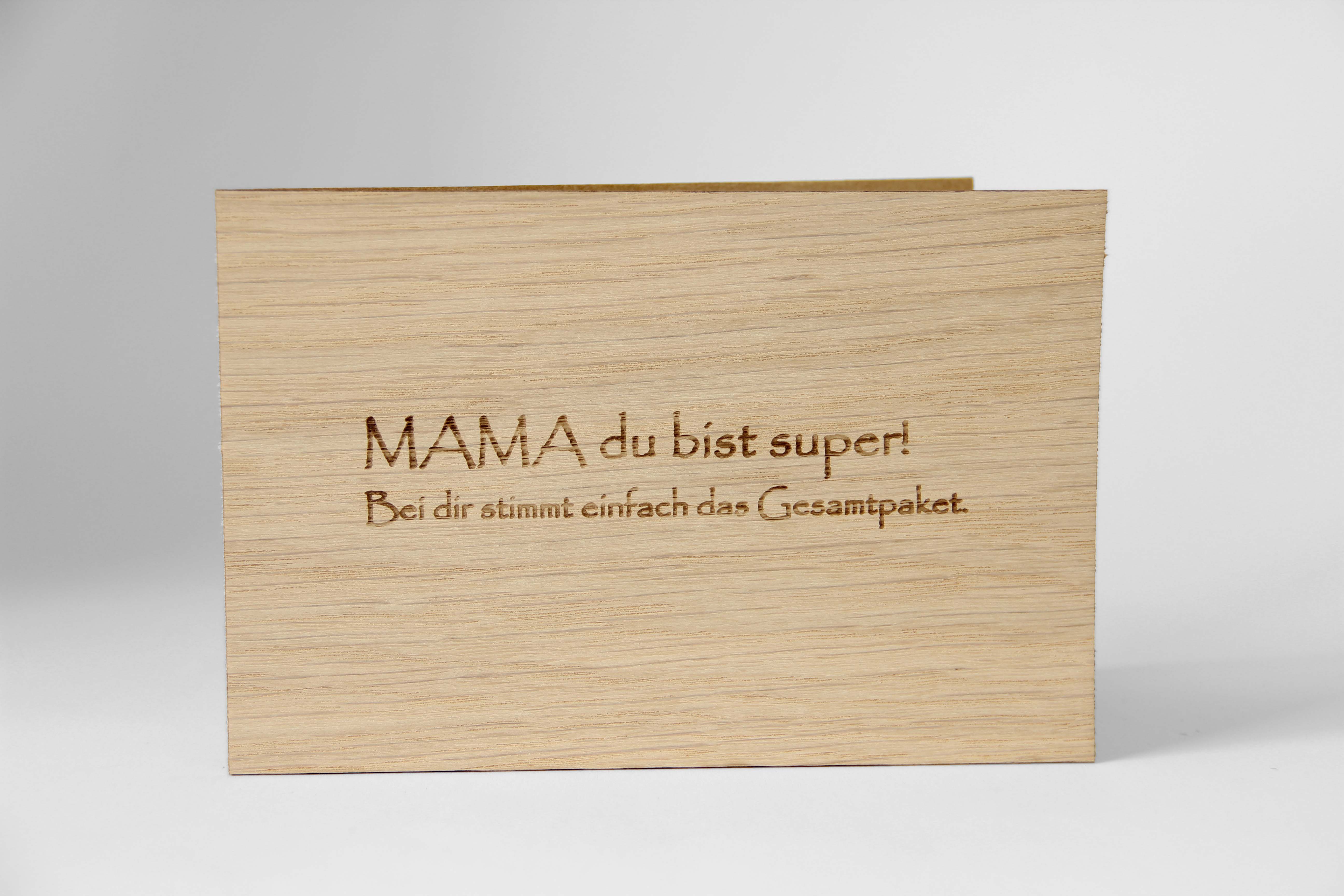 Holzgrusskarten - Geschenkkarte "Mama du bist super" aus Eiche, Dankeskarte