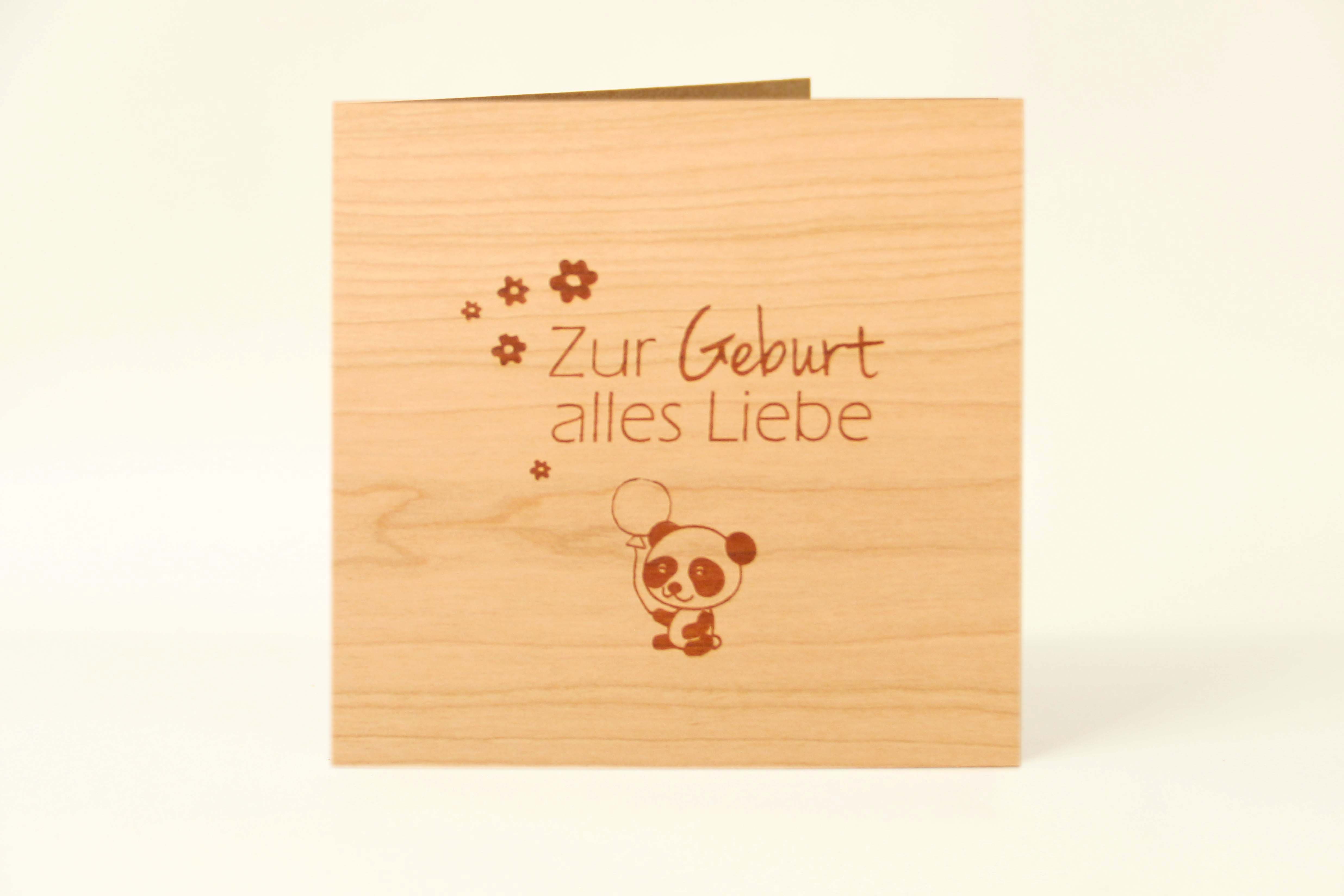 Holzgrusskarten - Holzgrusskarte Geburt 101-1 "Zur Geburt alles Liebe", Panda, Kirsche