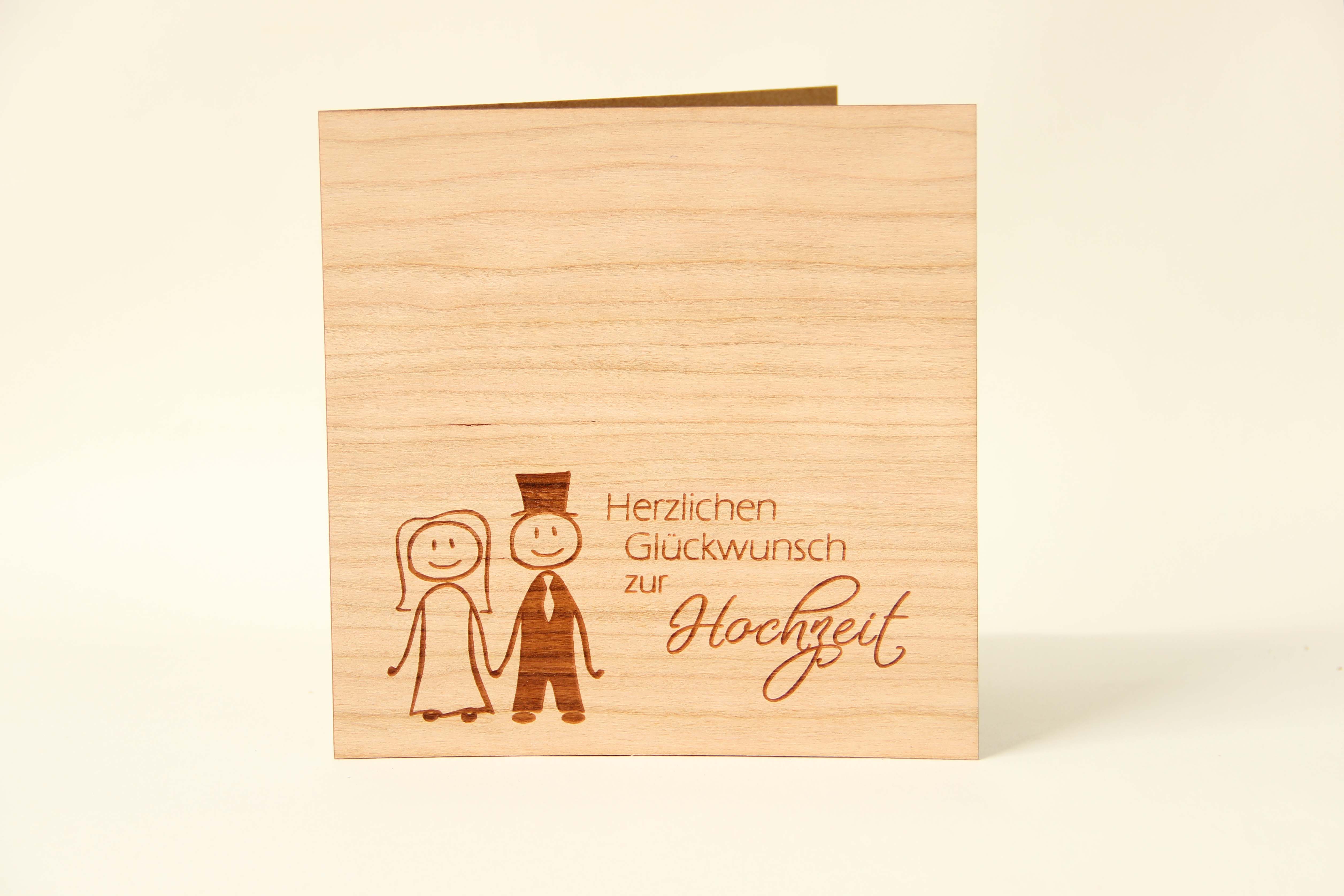 Holzgrusskarten - Holzgrusskarte Hochzeit "Herzlichen Glückwunsch zur Hochzeit", Brautpaar, Kirsche