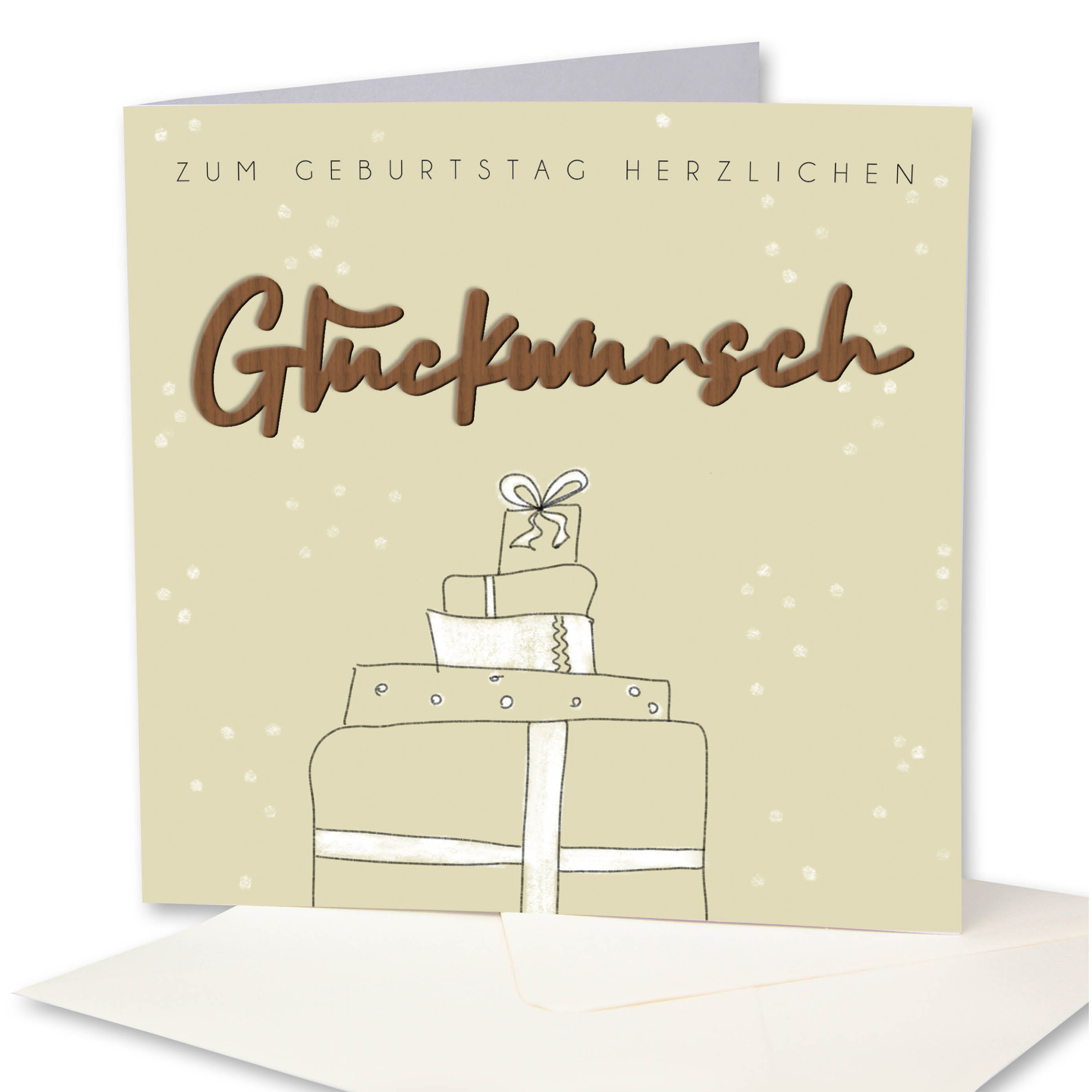 Holzgrusskarten - Geburtstagskarte "Geschenkpakete - Zum Geburtstag herzlichen" aus Recyclingkarton mit aufgeklebtem "Glückwunsch" aus Nussholz