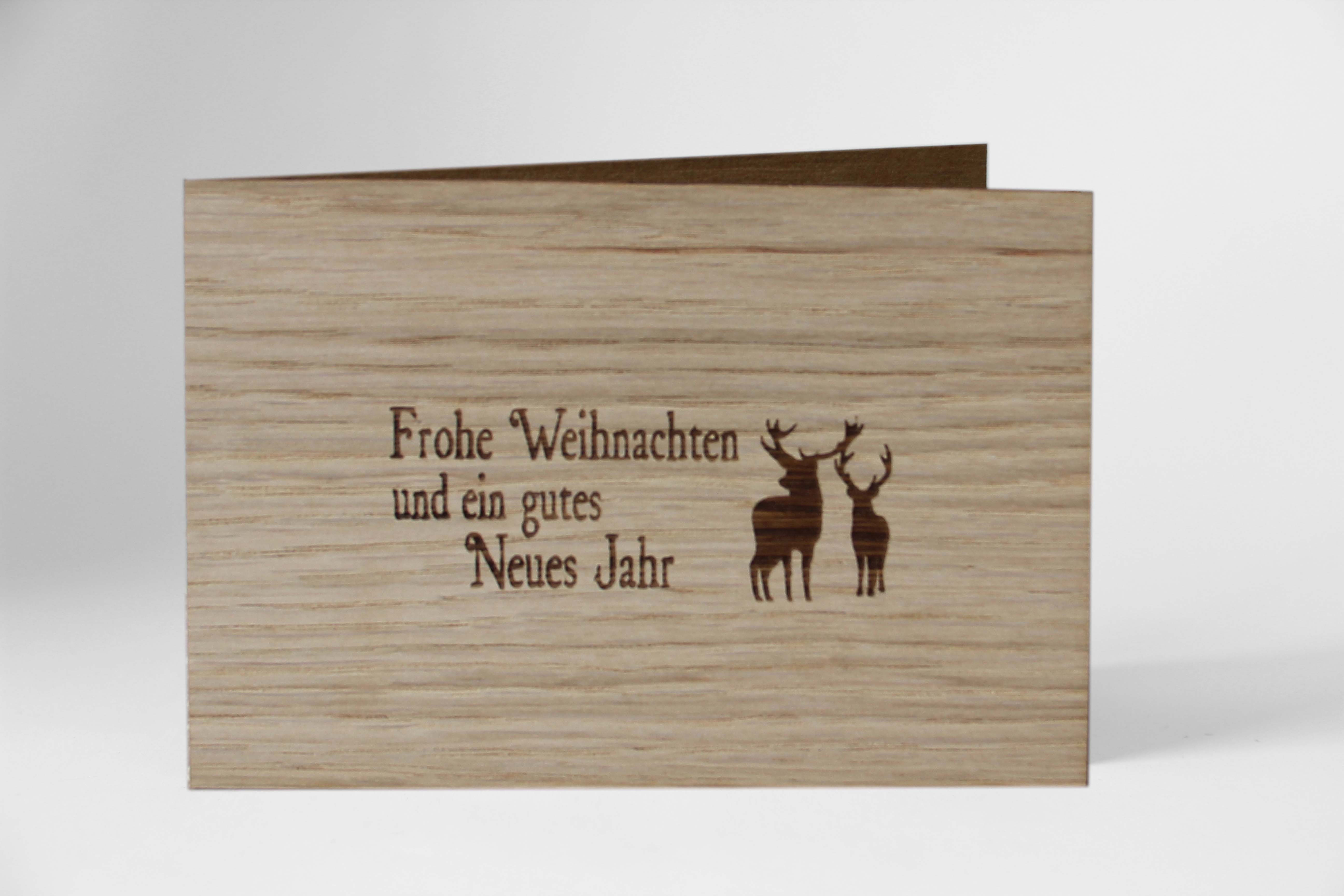 Holzgrusskarten - Weihnachtskarte "Frohe Weihnachten und ein gutes Neues Jahr" aus Eiche, Rentiere