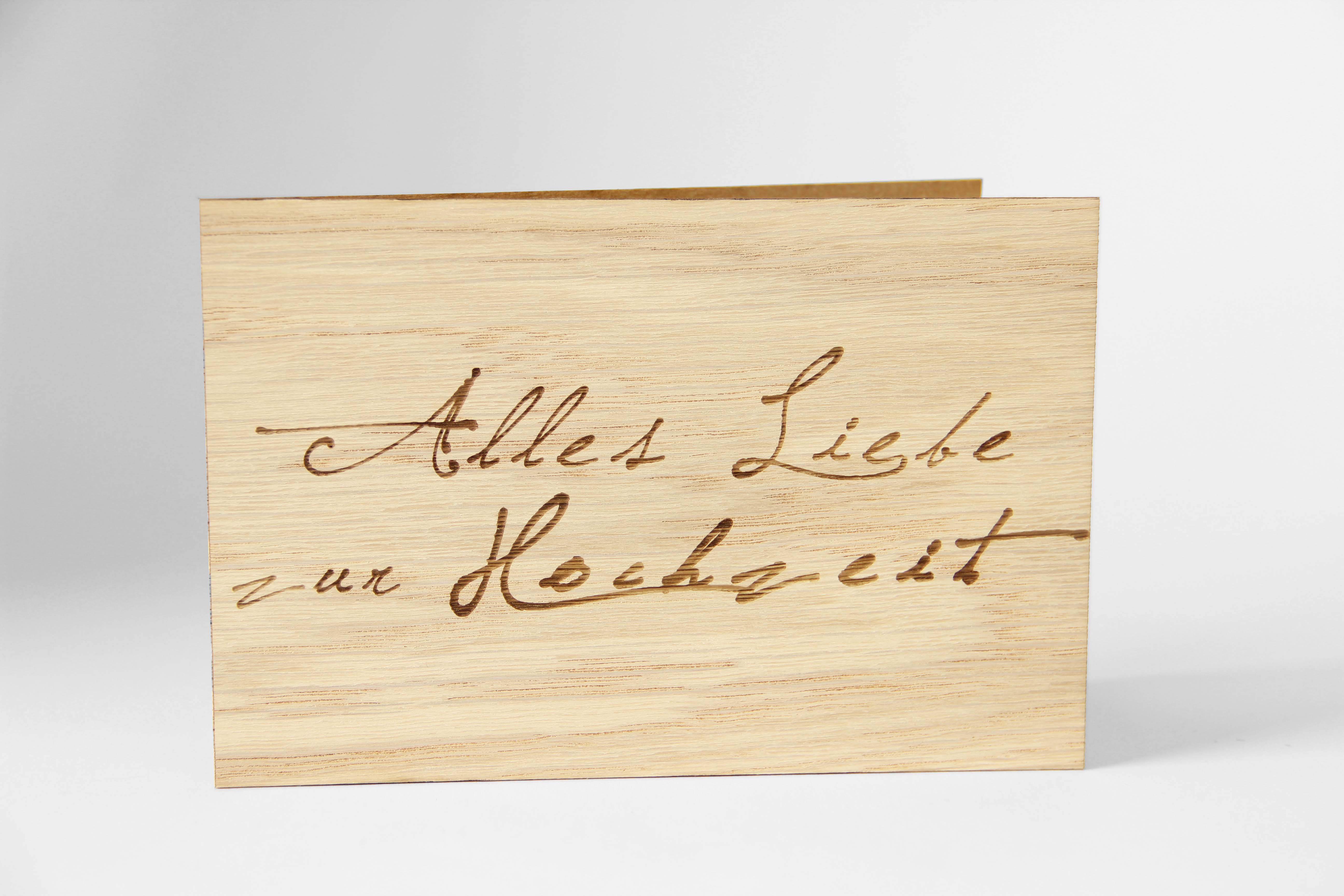 Holzgrusskarten - Hochzeitskarte "Alles Liebe zur Hochzeit" aus  Eiche