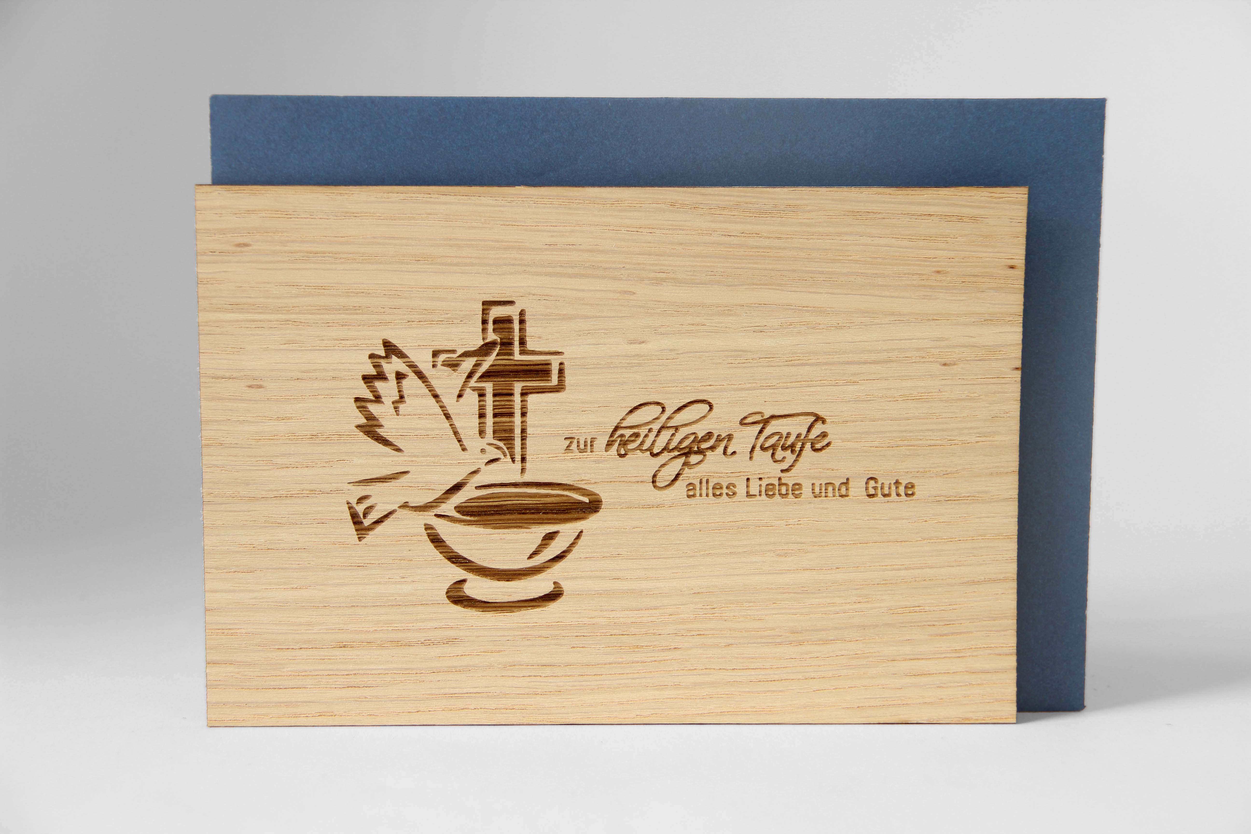 Holzgrusskarten - Geschenkkarte "Zur heiligen Taufe alles Liebe und Gute" aus Eiche, Taufkarte