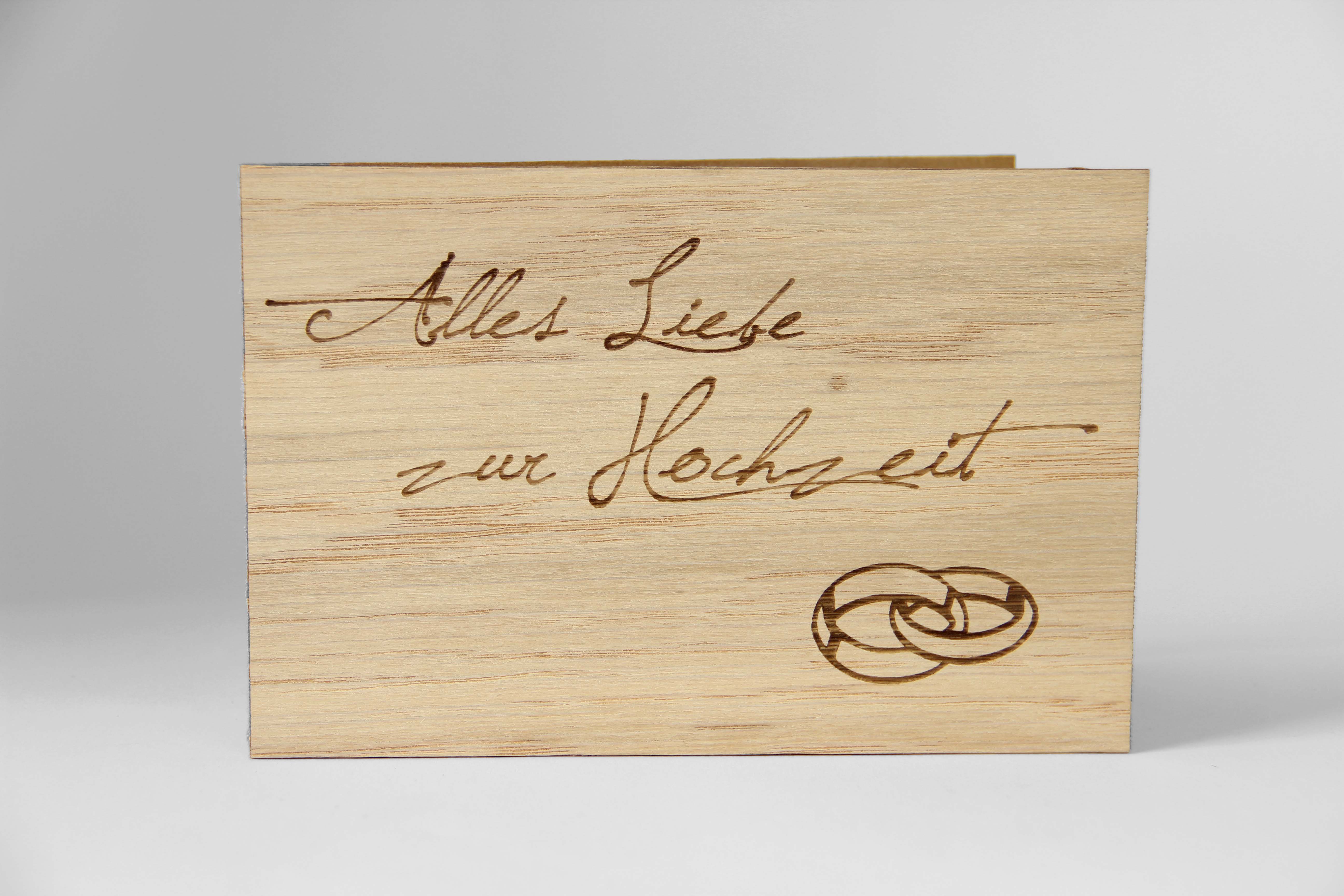 Holzgrusskarten - Hochzeitskarte "Alles Liebe zur Hochzeit" aus  Eiche, Eheringe