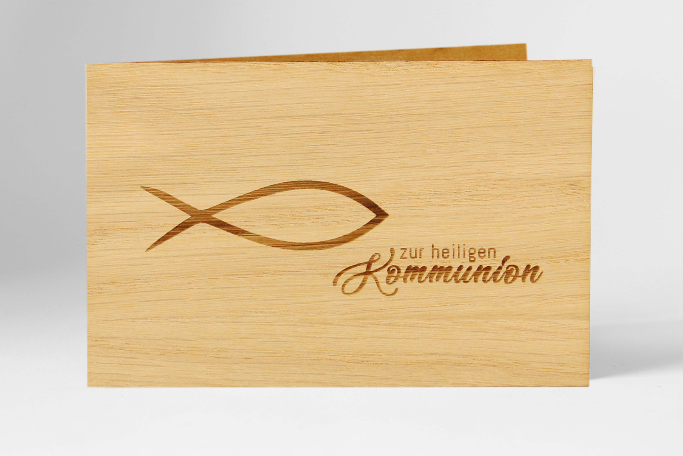 Holzgrusskarten - Erstkommunionkarte "Zur heiligen Kommunion", Eiche