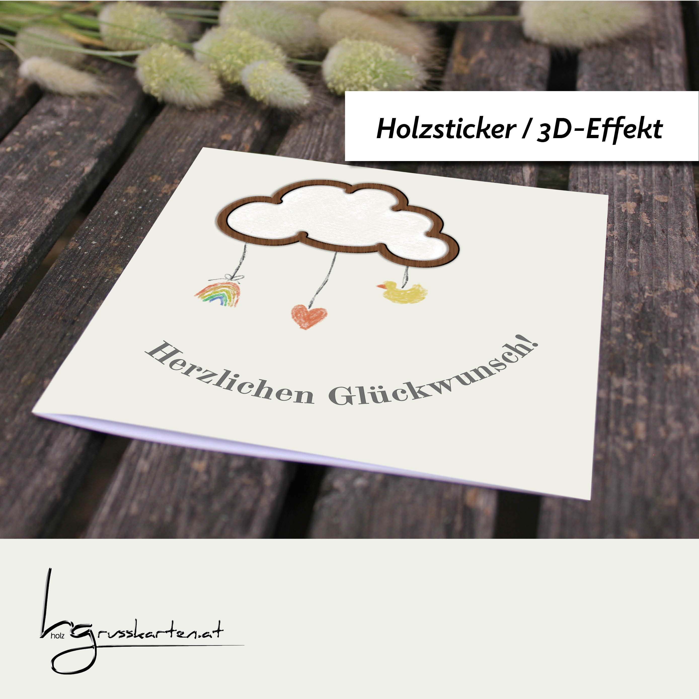 Holzgrusskarten - Geburtskarte, Babykarte "Herzlichen Glückwunsch!" aus Recyclingkarton mit aufgeklebter "Wolke" aus Nussholz