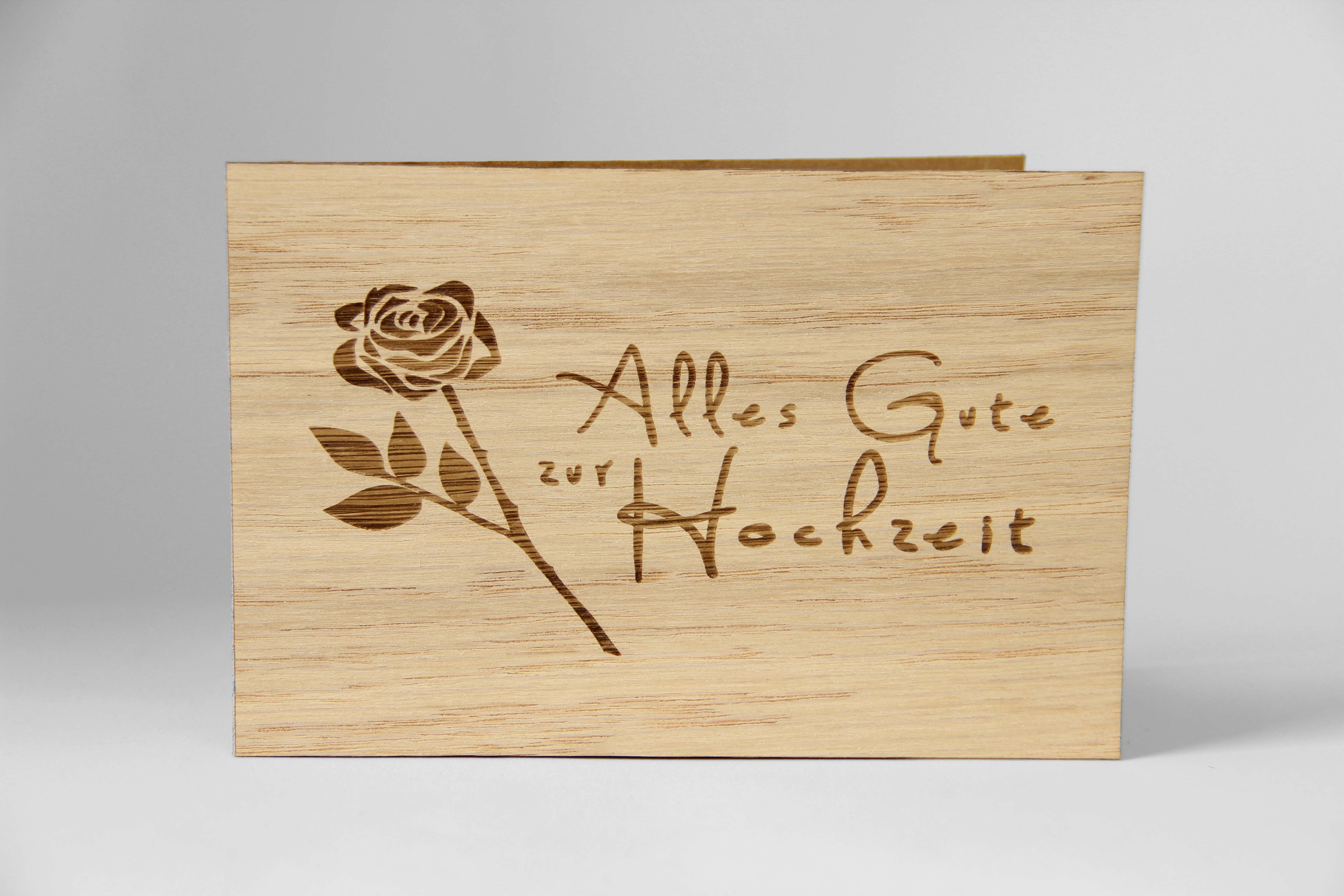 Holzgrusskarten - Hochzeitskarte "Alles Gute zur Hochzeit" aus  Eiche, Rose