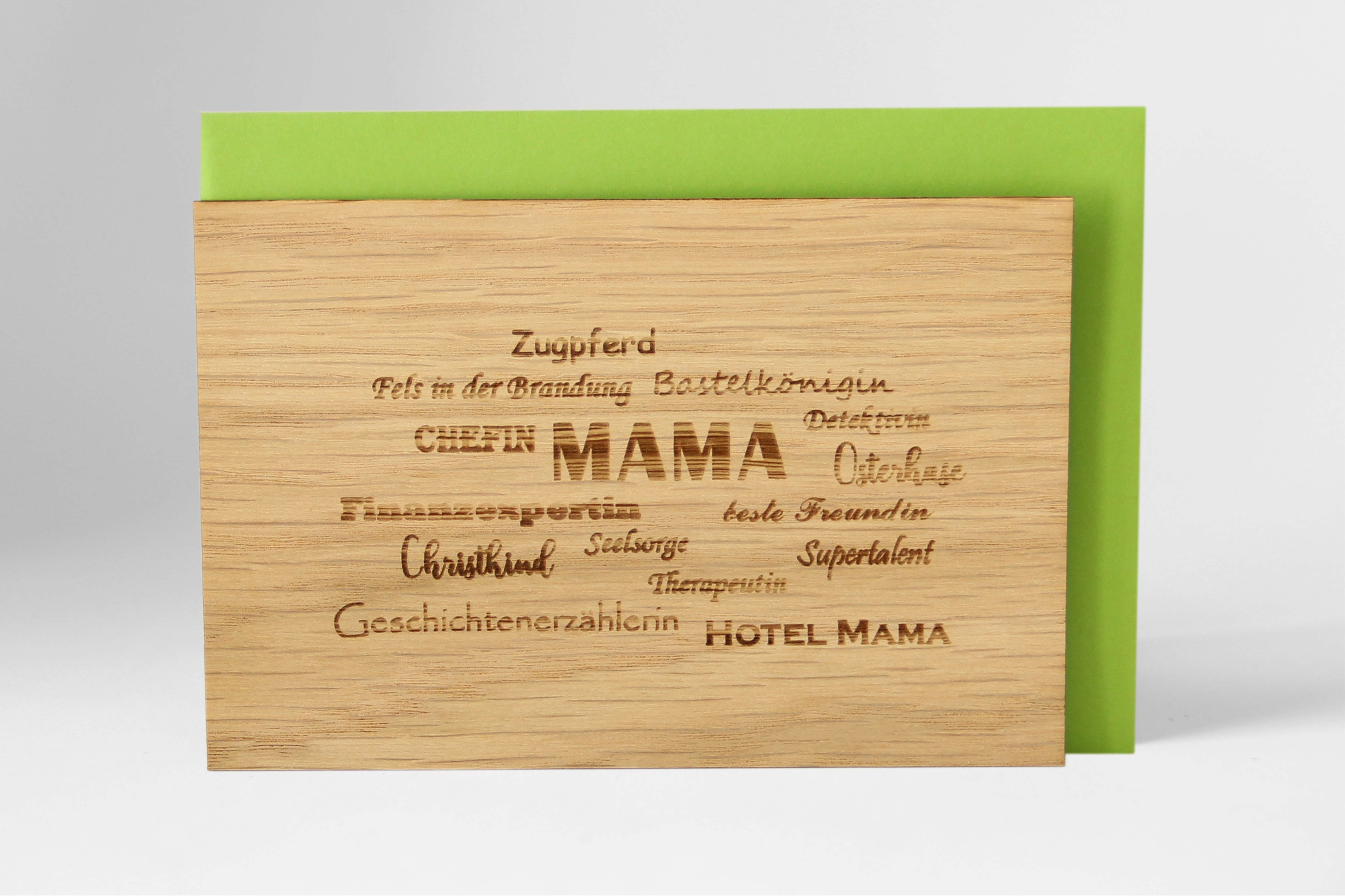 Holzgrusskarten - Geschenkkarte "Mama" aus Eiche, Dankeskarte