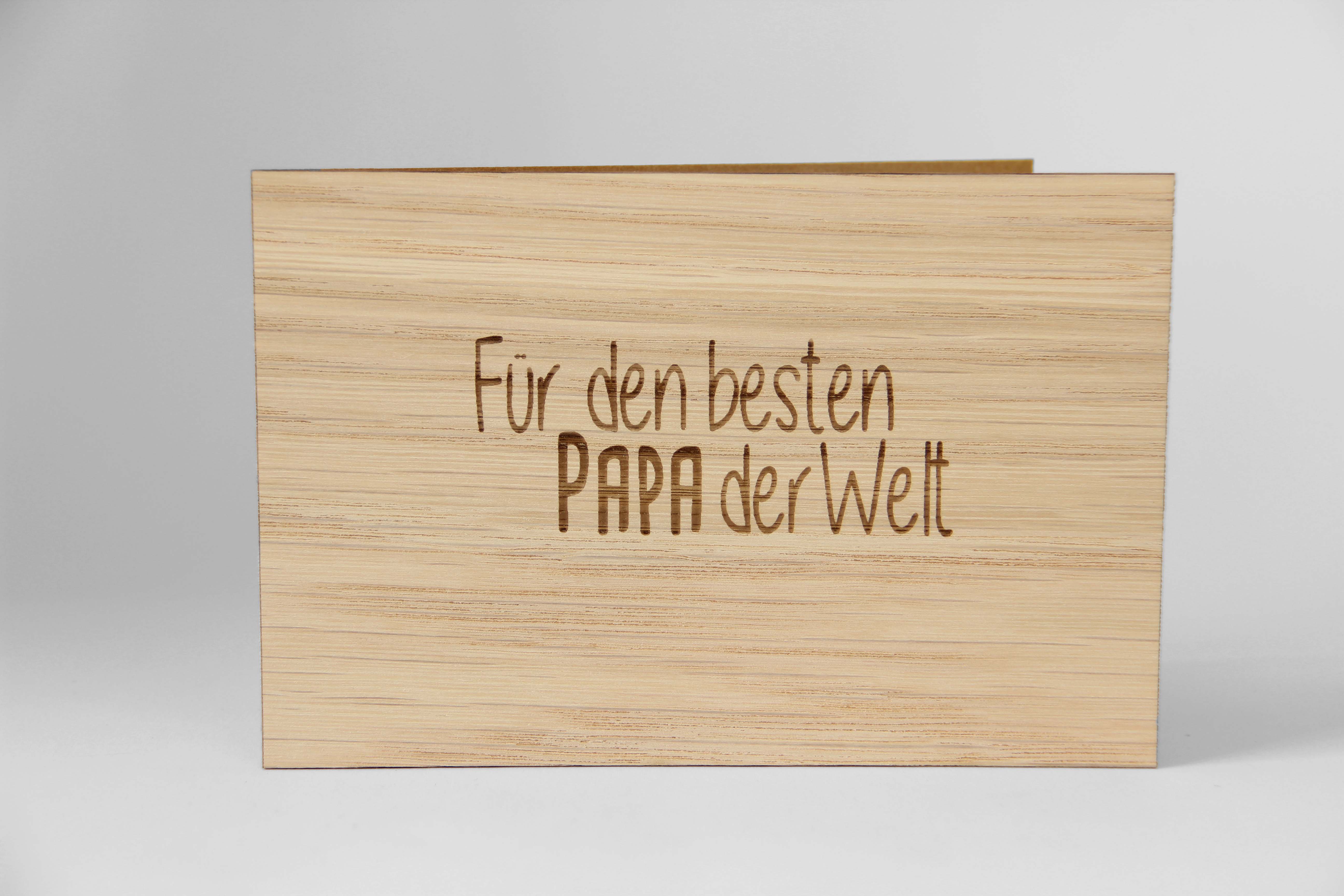 Holzgrusskarten - Geschenkkarte "Für den besten Papa der Welt" aus Eiche, Dankeskarte