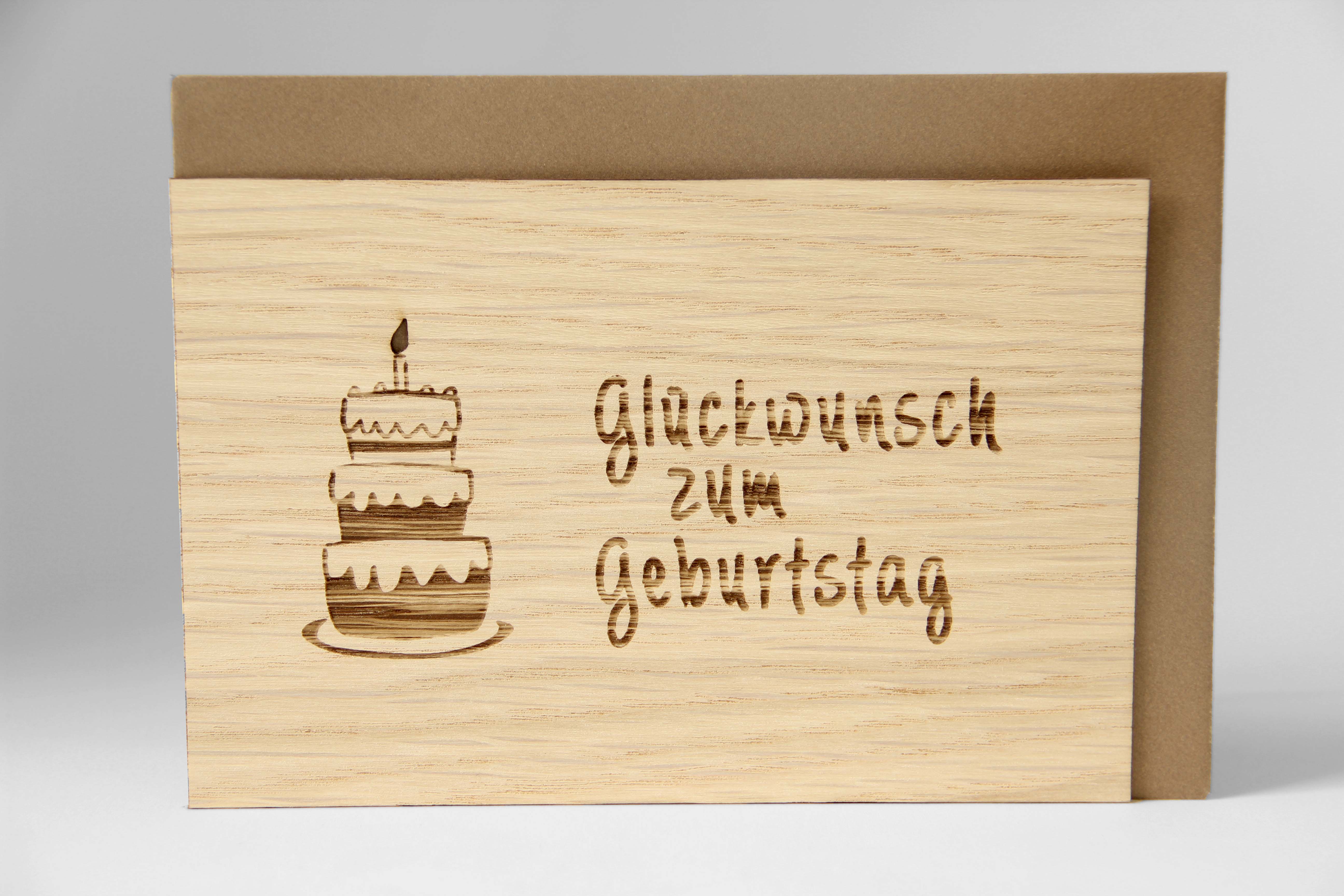 Holzgrusskarten - Geburtstagskarte "Glückwunsch zum Geburtstag" aus Eiche, Geburtstagstorte