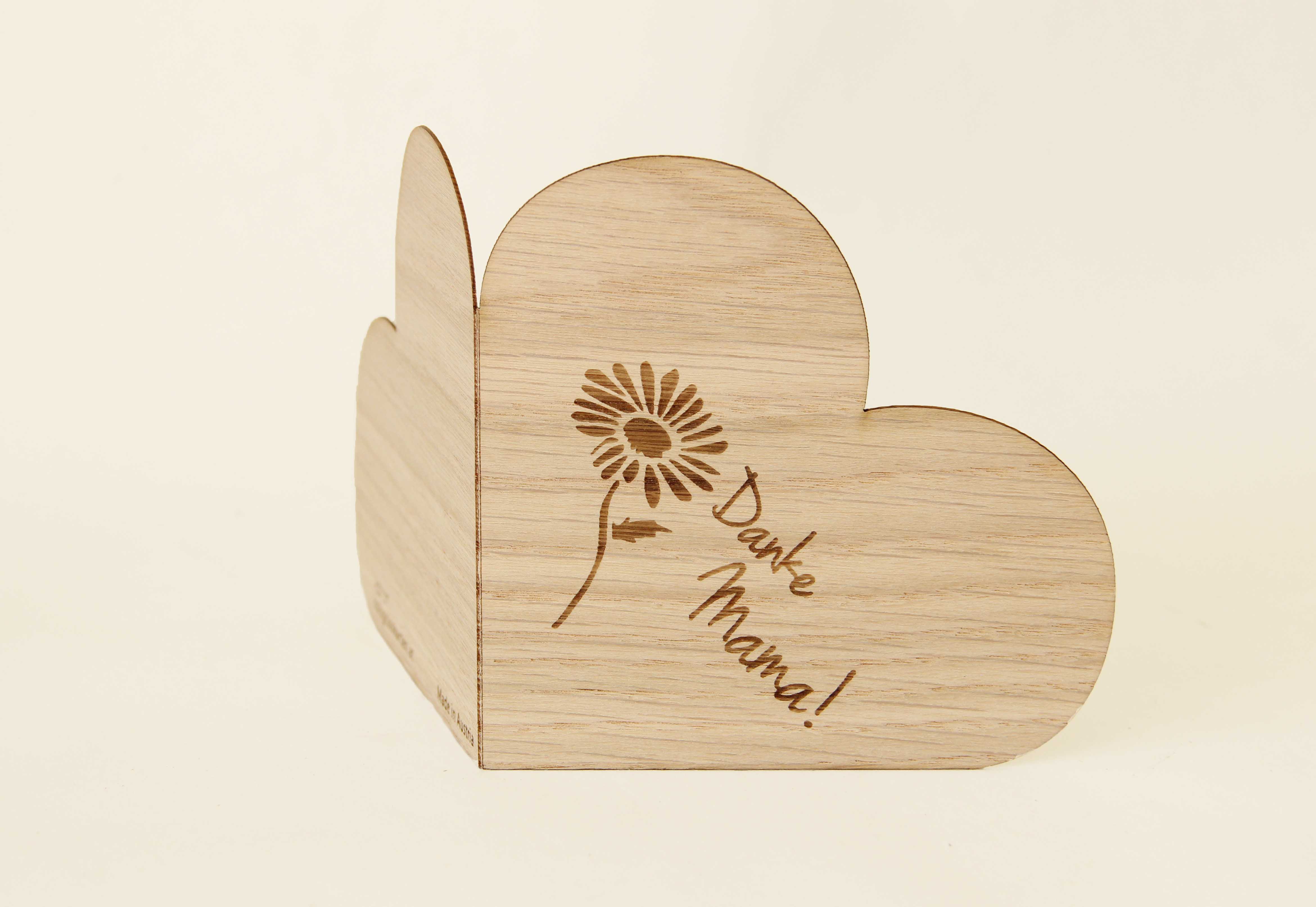 Holzgrusskarten - Herzkarte "Danke Mama!" aus Eiche, Sonnenblume, Dankeskarte, Geschenkkarte