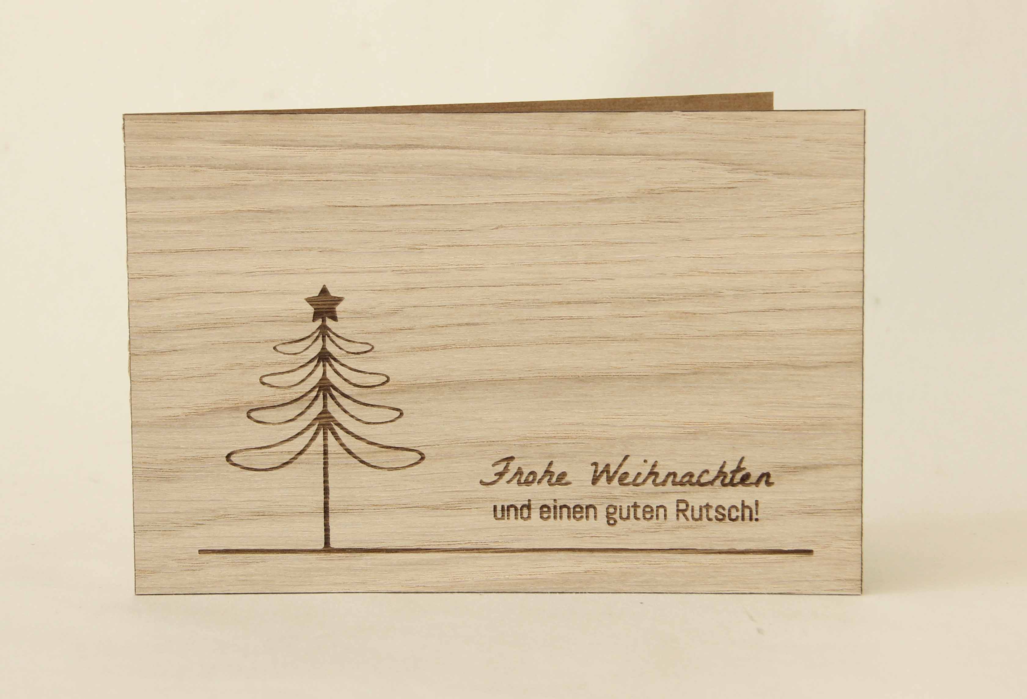 Holzgrusskarten - Weihnachtskarte "Frohe Weihnachten und einen guten Rutsch" aus Eiche, Weihnachtsbaum