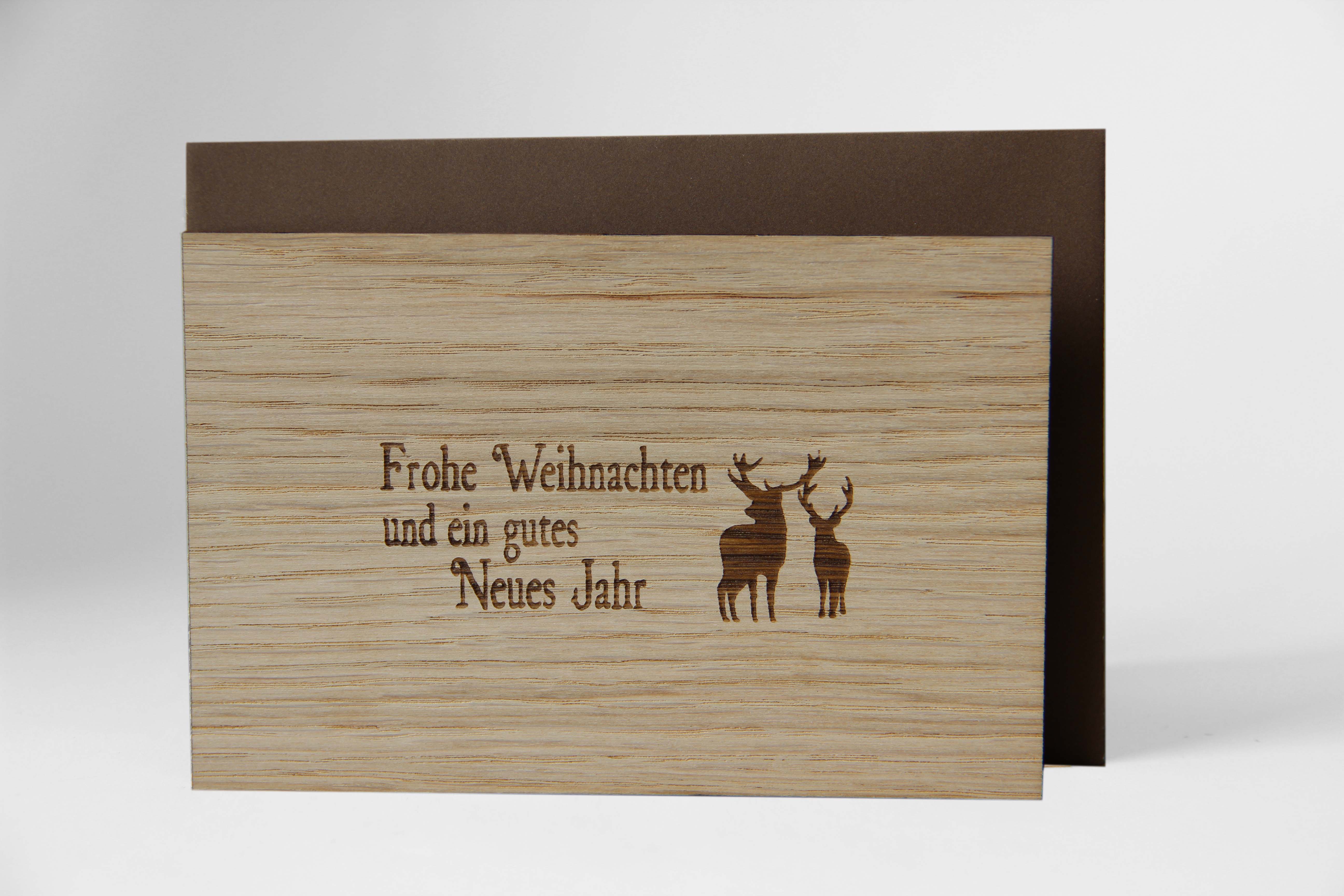 Holzgrusskarten - Weihnachtskarte "Frohe Weihnachten und ein gutes Neues Jahr" aus Eiche, Rentiere