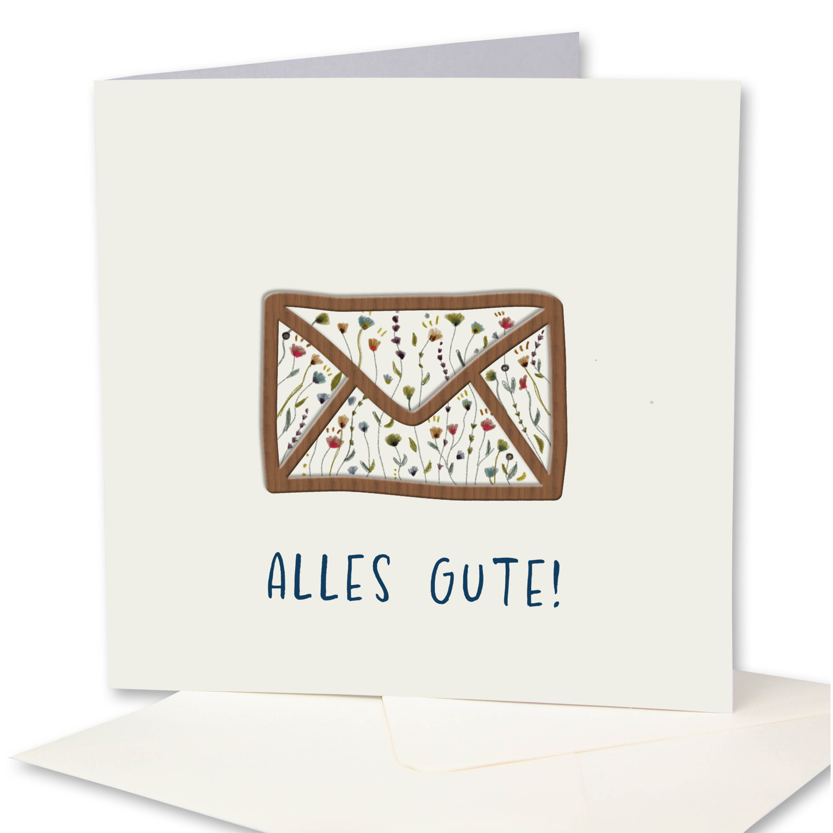 Holzgrusskarten - Glückwunschkarte "Blumenwiese" aus Recyclingkarton mit aufgeklebtem "Briefkuvert" aus Nussholz