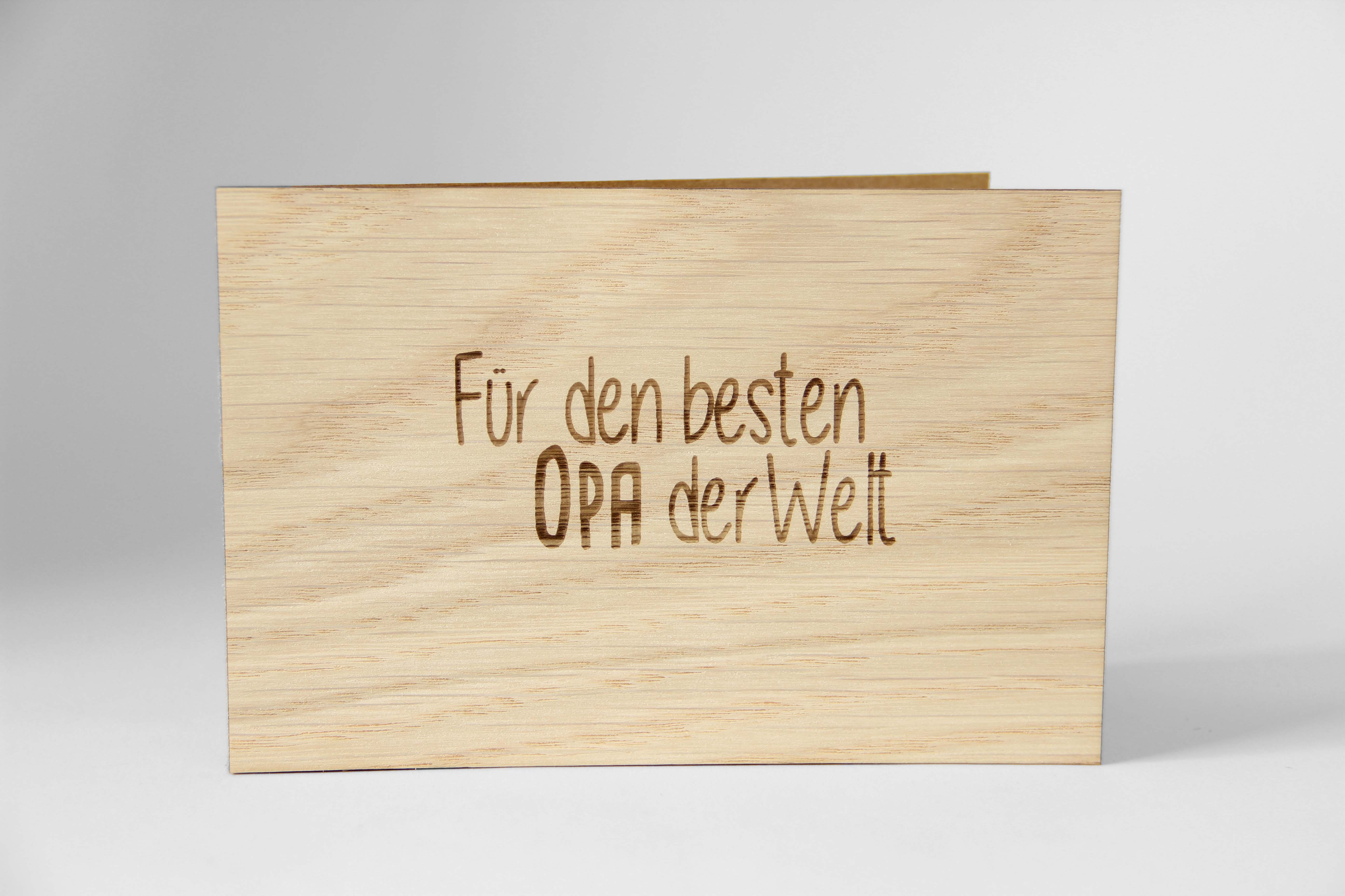 Holzgrusskarten - Geschenkkarte "Für den besten Opa der Welt" aus Eiche, Dankeskarte