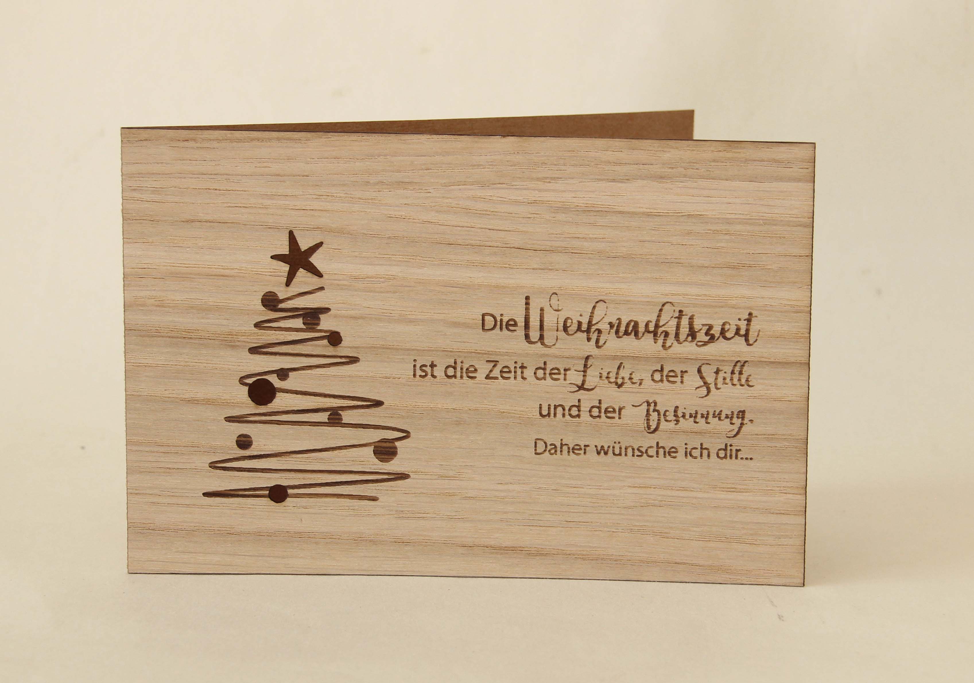 Holzgrusskarten - Weihnachtskarte "Die Weihnachtszeit" aus Eiche, Weihnachtsbaum
