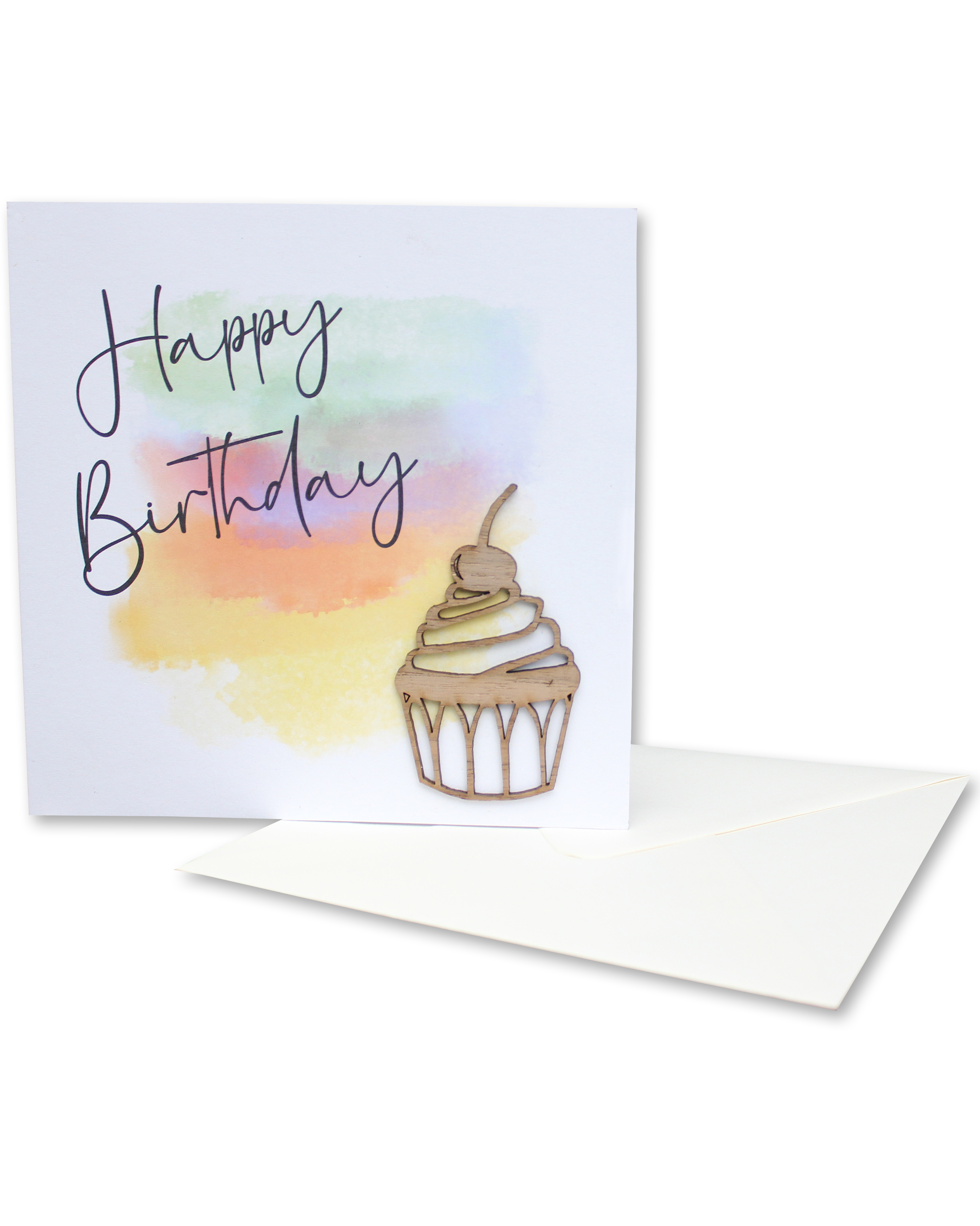 Holzgrusskarten - Geburtstagskarte "Happy Birthday" aus Recyclingkarton mit aufgeklebtem "Cupcake" aus Echtholz