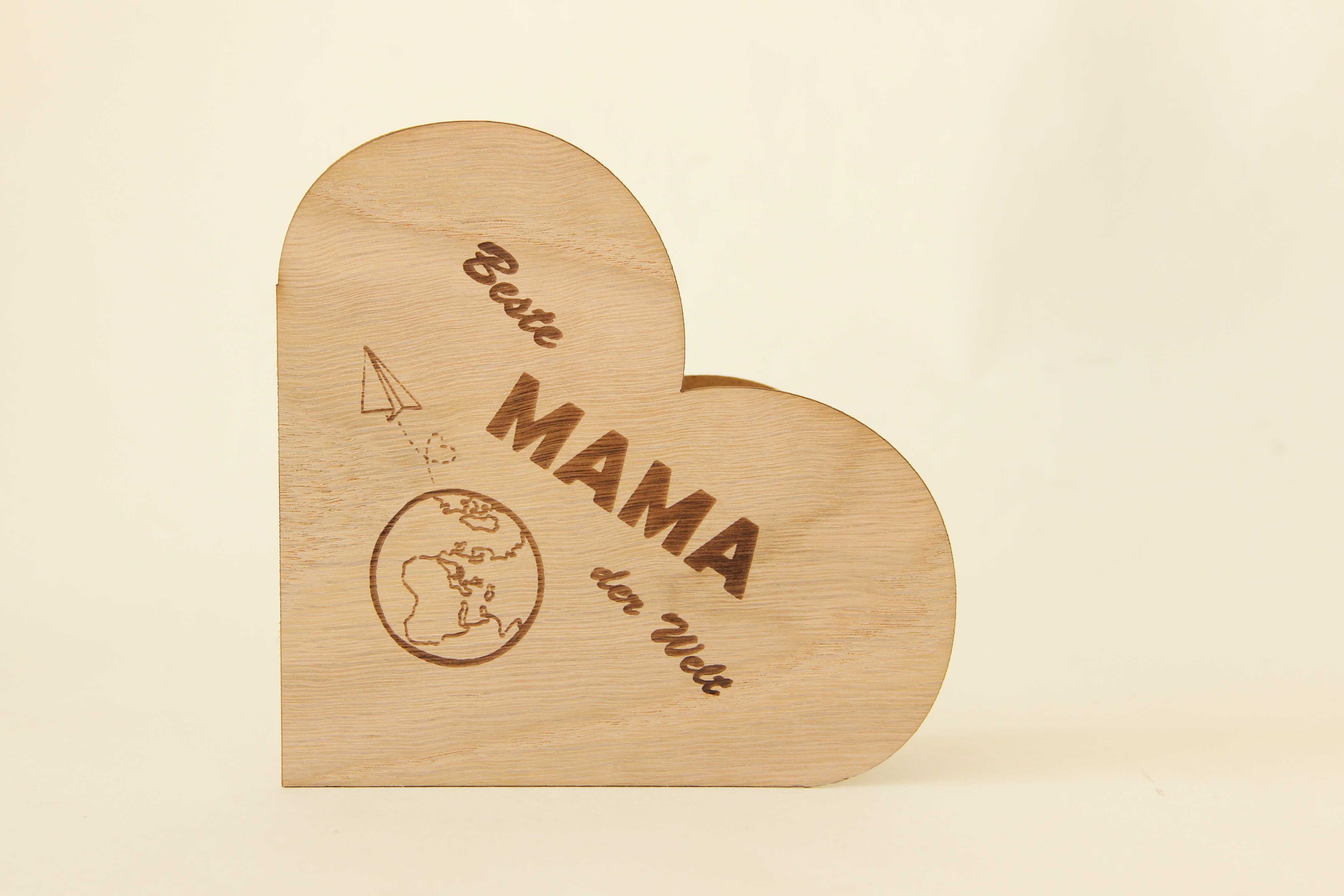 Holzgrusskarten - Herzkarte "Beste Mama der Welt" aus Eiche, Globus, Erde, Papierflieger, Dankeskarte, Geschenkkarte